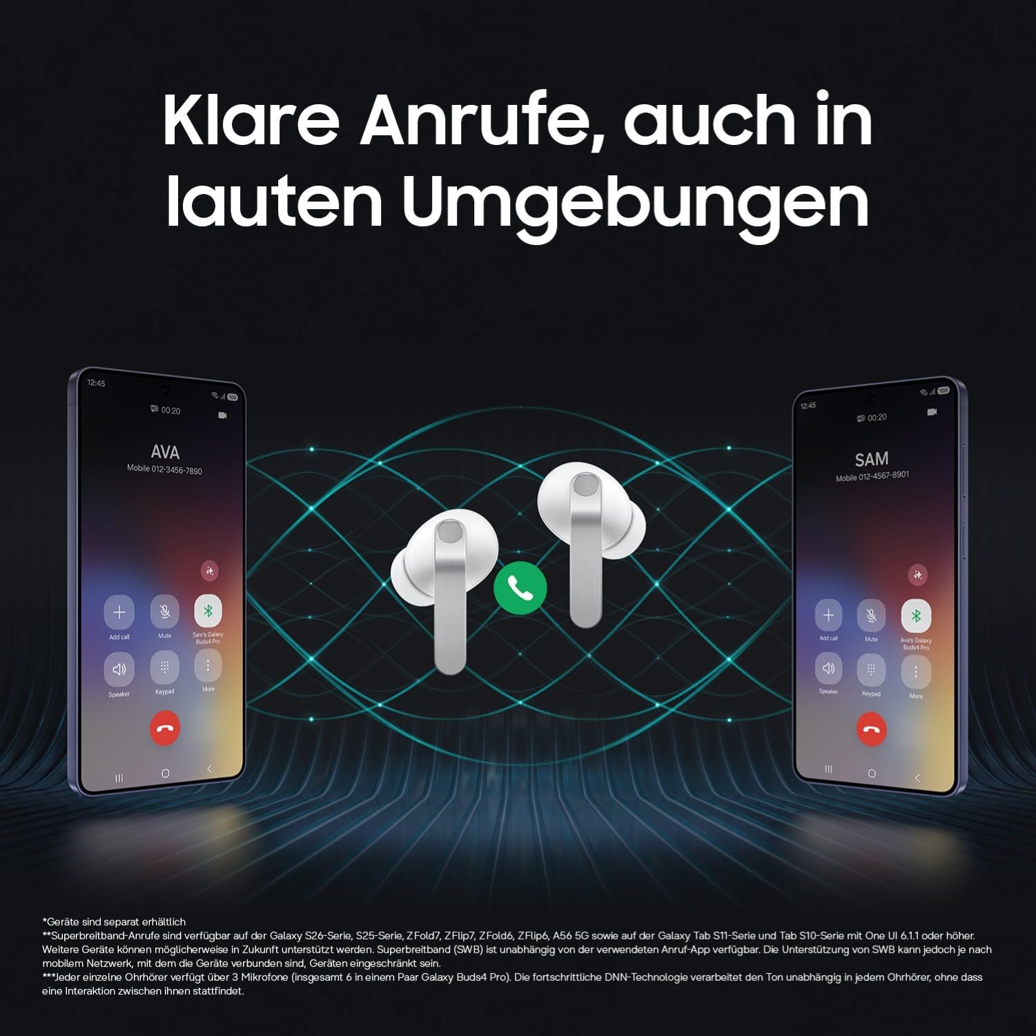 Immagine promozionale per Galaxy Buds4 Pro con due smartphone e testo sulle chiamate chiare in ambienti rumorosi.