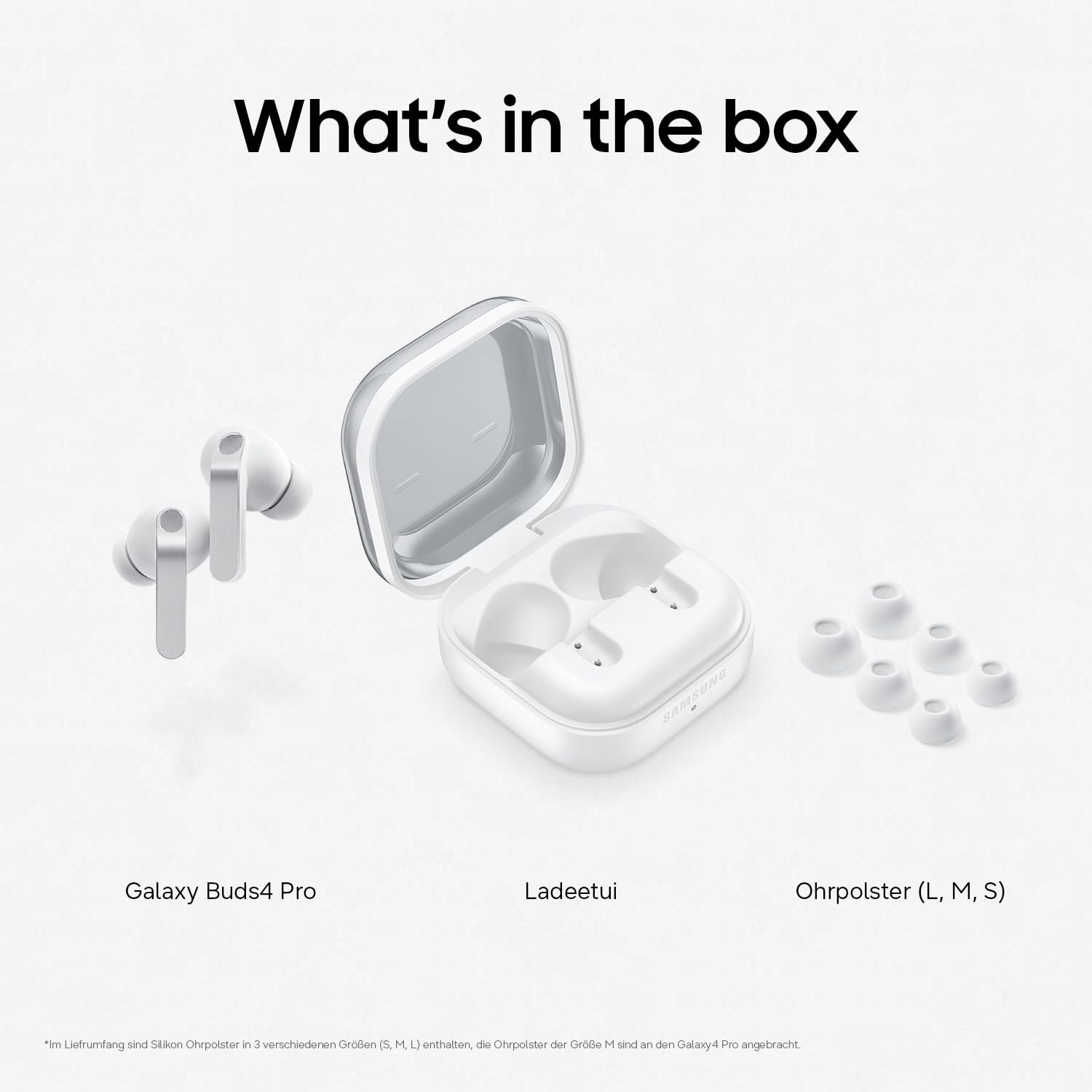 Contenuto della confezione: Galaxy Buds4 Pro, custodia di ricarica e cuscinetti.
