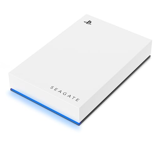 Eine weiße externe Seagate-Festplatte mit blauem LED-Licht und PlayStation-Logo vor weißem Hintergrund.