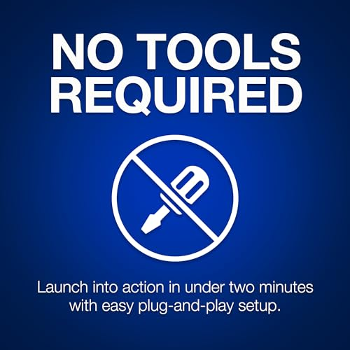 Blaues Schild mit weißer Aufschrift "NO TOOLS REQUIRED" und einem durchgestrichenen Schraubenzieher-Symbol.