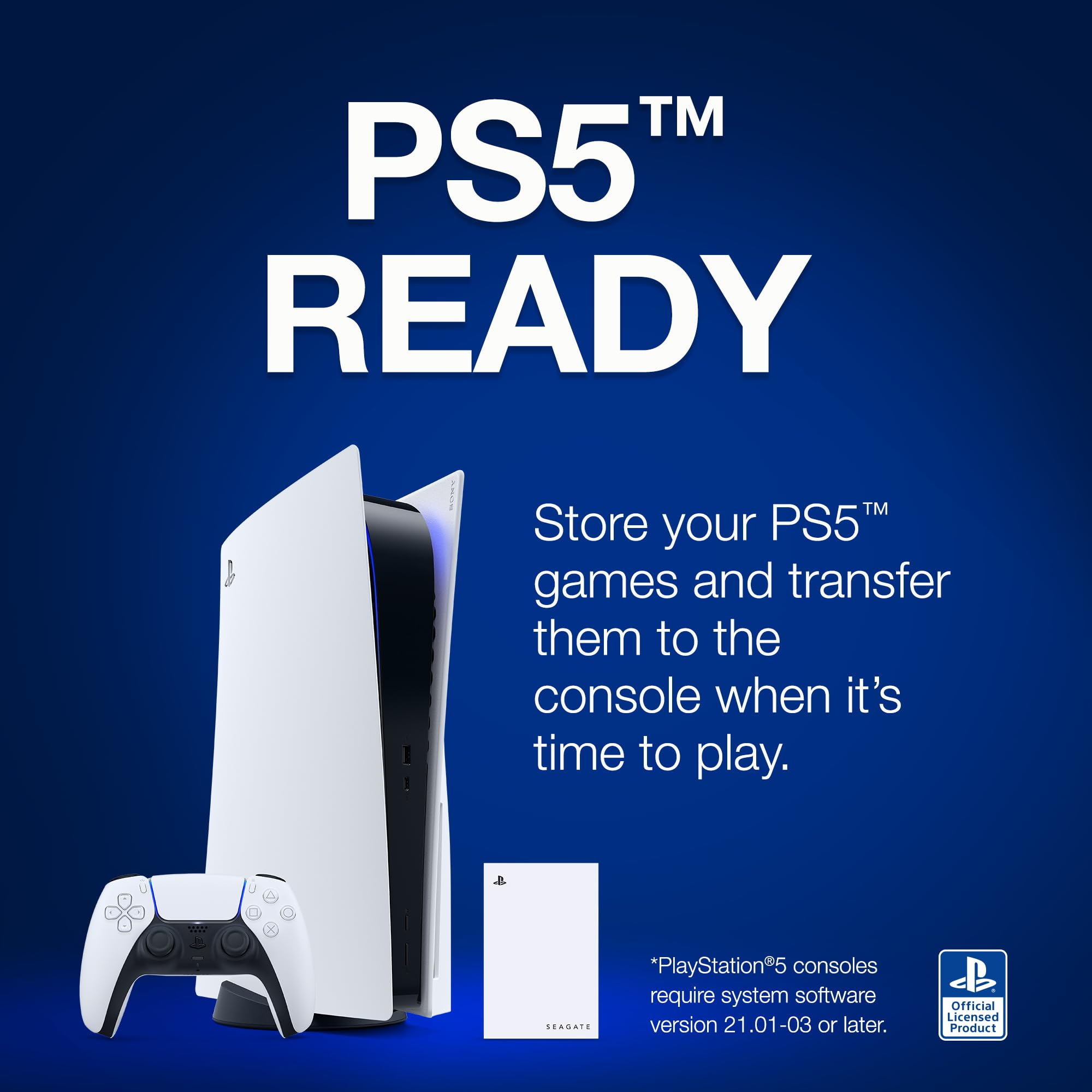 PS5 Ready Anzeige mit Konsole, Controller und Seagate-Speicher auf blauem Hintergrund.