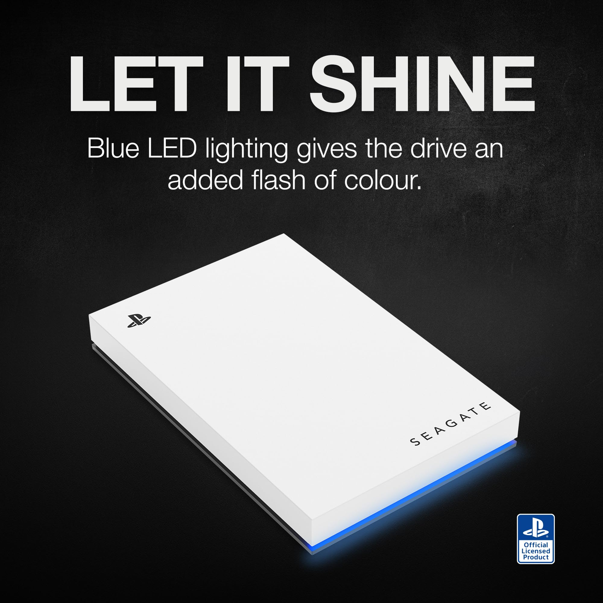Weisse Seagate PlayStation externe Festplatte auf schwarzem Hintergrund mit blauem LED-Licht.