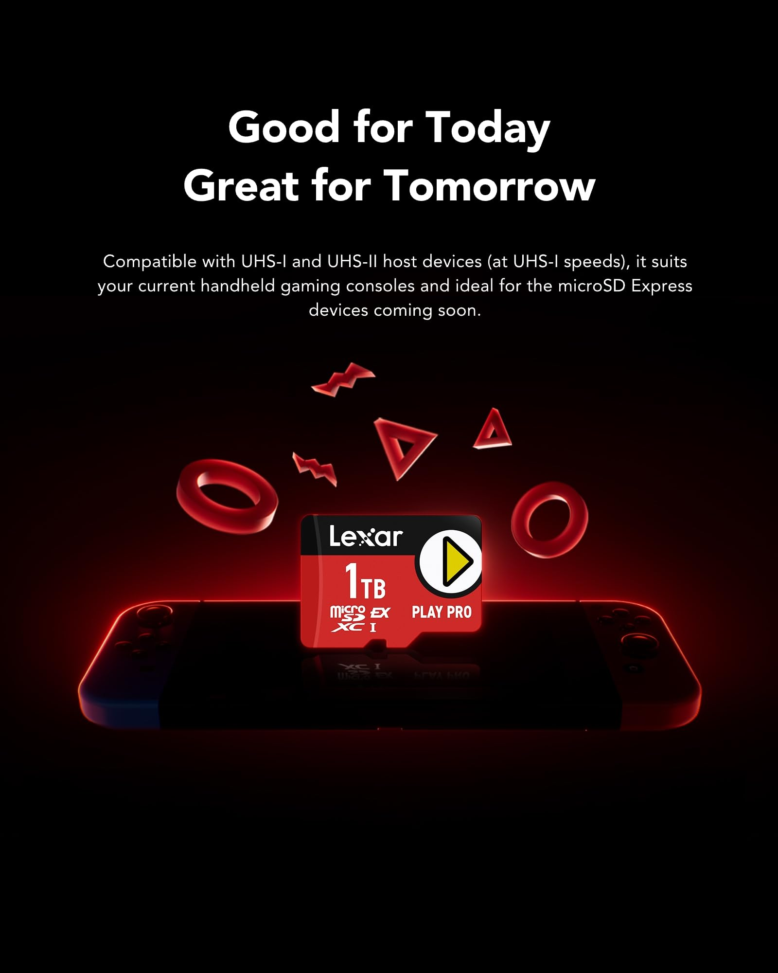 Eine Lexar 1TB microSD-Karte über einer Handheld-Konsole mit roten Gaming-Symbolen im Hintergrund.