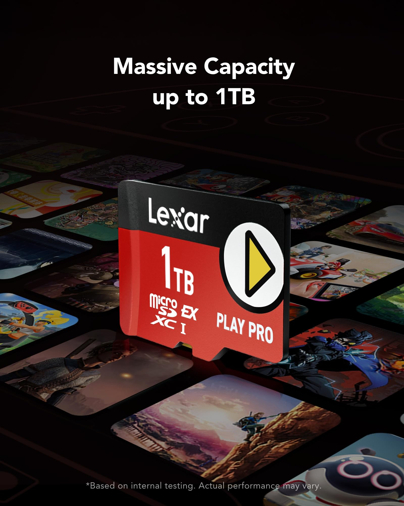 Eine Lexar 1TB microSD-Karte mit dem Aufdruck Play Pro steht vor einem Hintergrund aus bunten Videospiel-Covern.