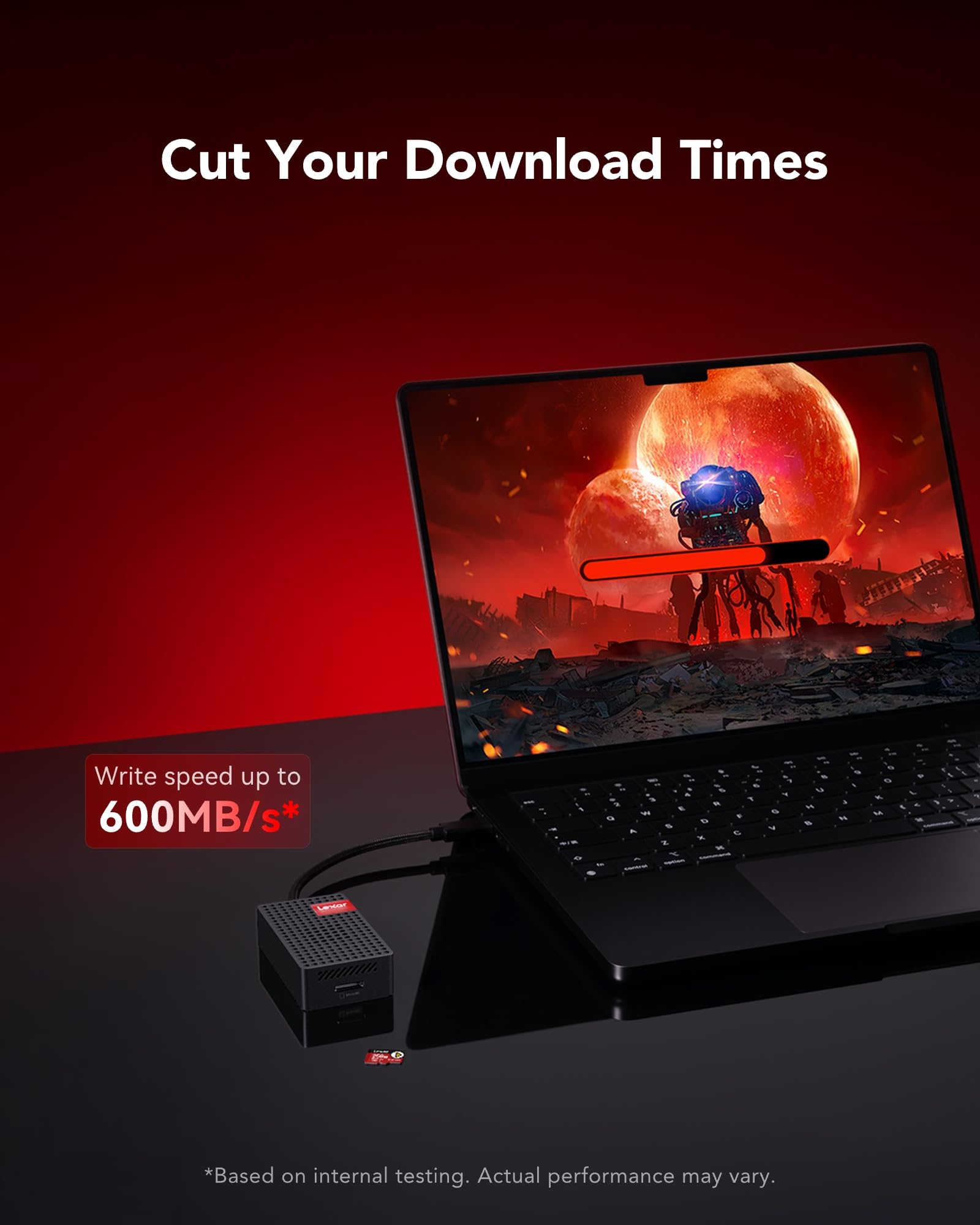 Laptop und Lesegerät auf rotem Hintergrund mit Text zu Downloadzeiten.