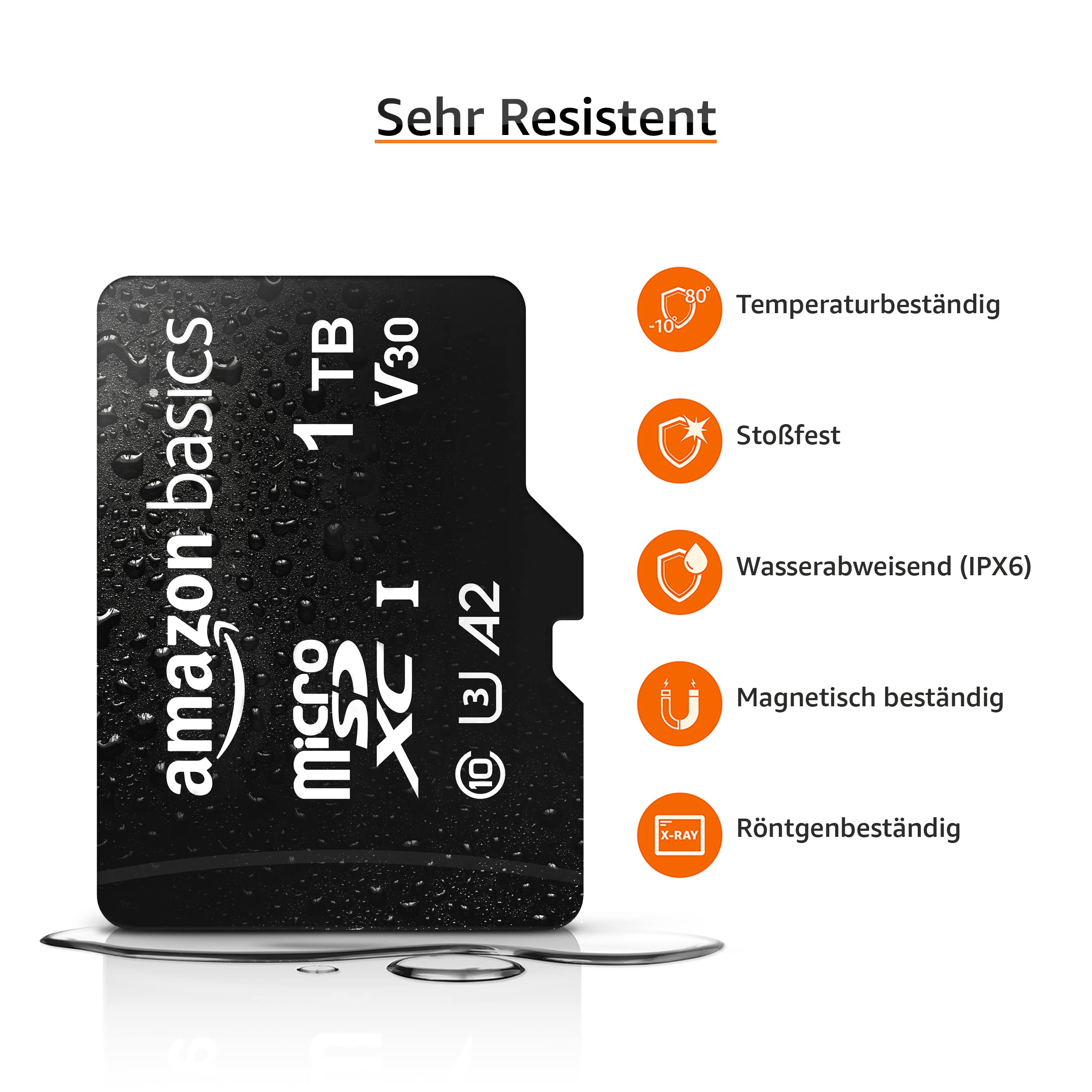 Carte MicroSD Amazon Basics 1TB étanche avec icônes de résistance à la température, aux chocs et protection.