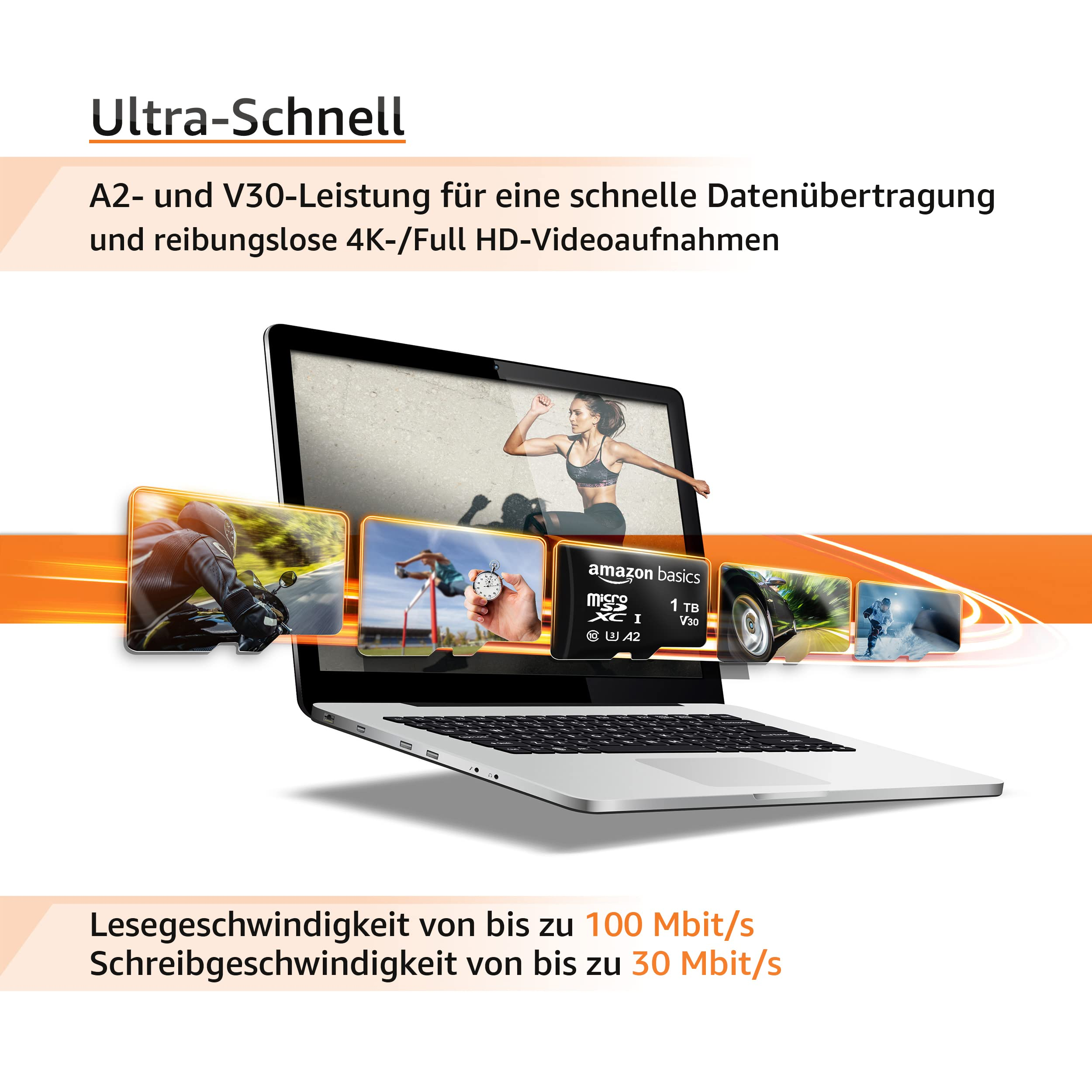 Un ordinateur portable affiche des images d'action sortant d'une carte MicroSD.