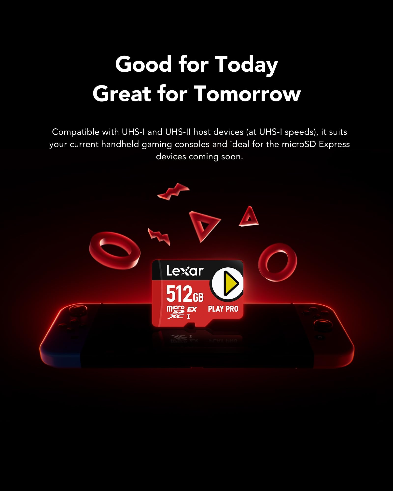 Eine Lexar 512GB Play Pro microSD-Karte schwebt über einer Konsole, umgeben von roten Gaming-Symbolen vor schwarzem Hintergrund.
