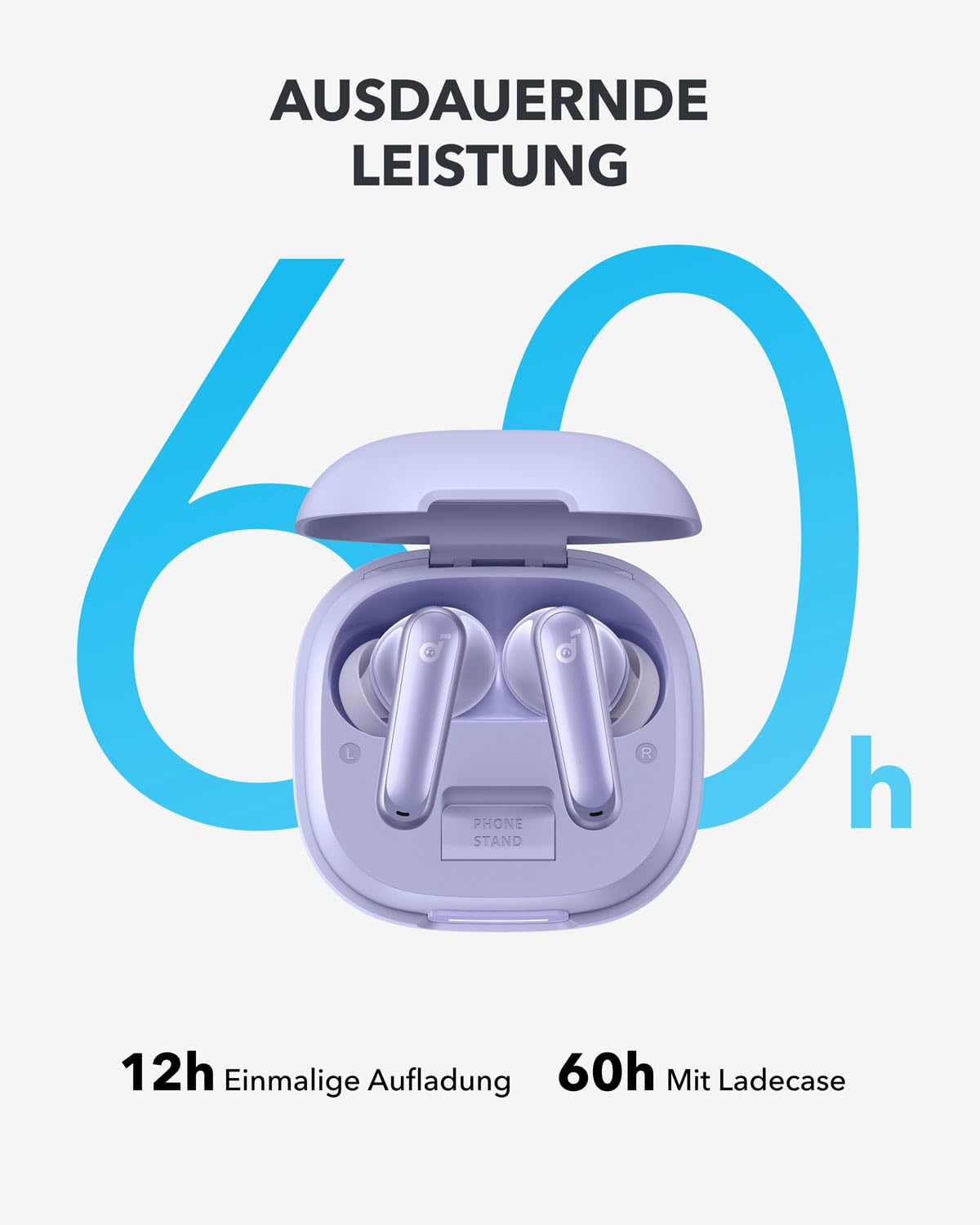 %c9couteurs sans fil violets dans un %e9tui de charge devant un graphique bleu.
