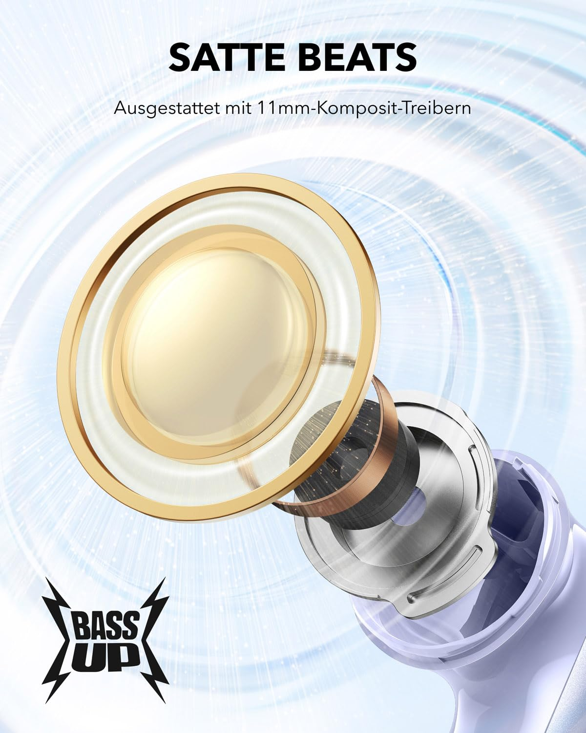 Vue éclatée d'un transducteur composite de 11 mm dans un écouteur sur fond d'ondes sonores bleues.