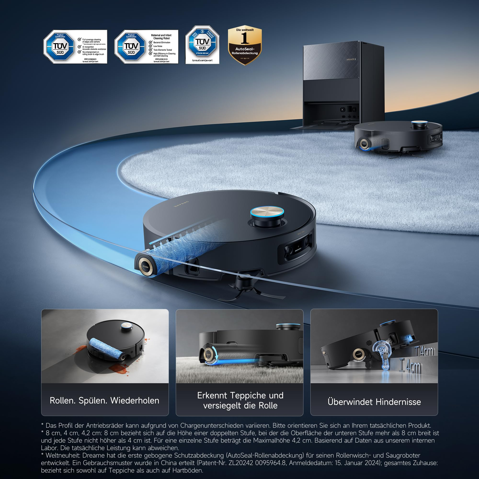 Ein schwarzer Saug- und Wischroboter mit Reinigungsstation, TÜV-Zertifikaten und Funktionsbildern.