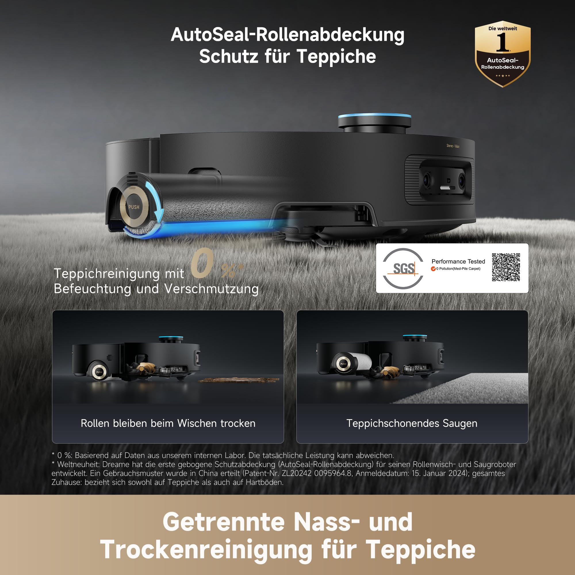 Schwarzer Saug- und Wischroboter mit AutoSeal-Rollenabdeckung für Teppiche, deutscher Text und zwei Insets.