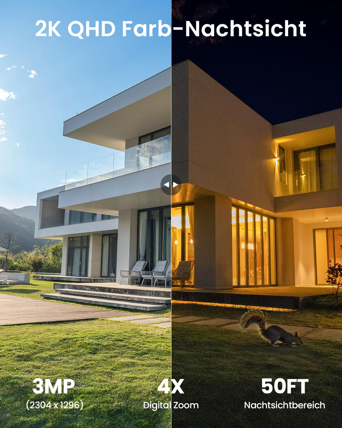 Confronto di una villa moderna di giorno e illuminata di notte con uno scoiattolo sul prato.