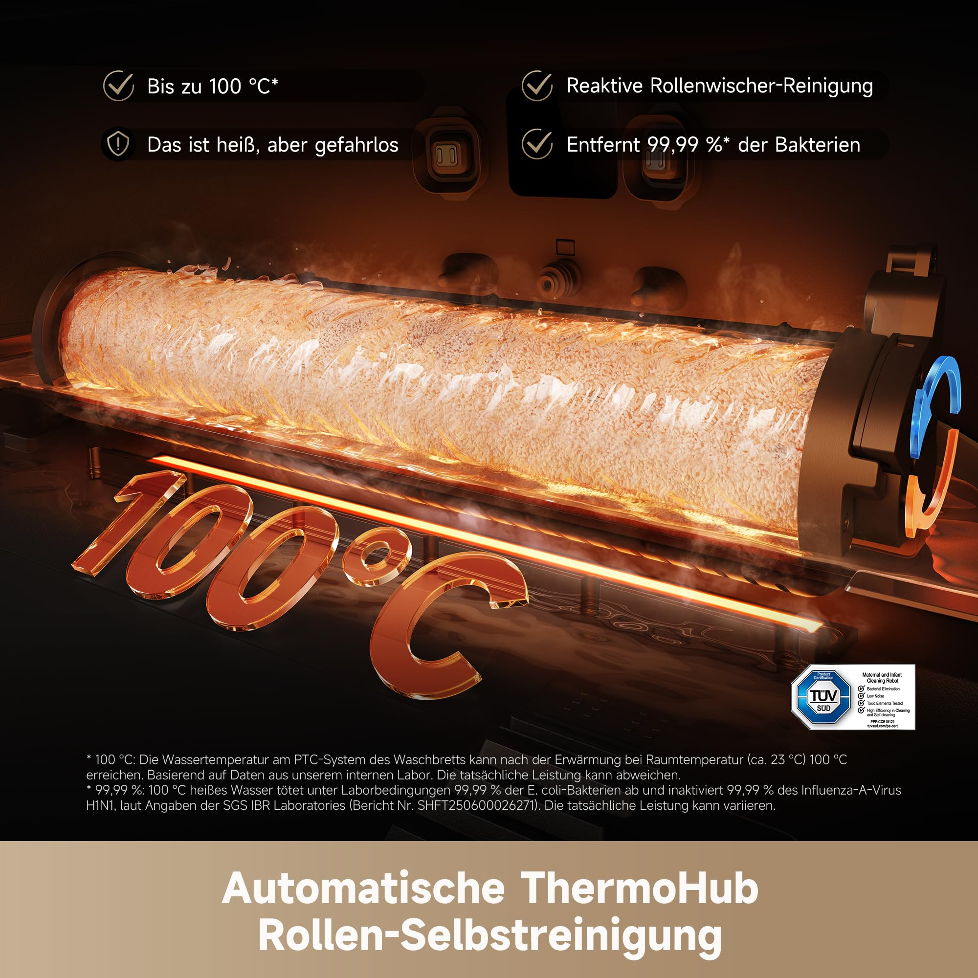 Eine heiße Reinigungsrolle mit 100 C Text, Wasser und deutschen Funktionsbeschriftungen.