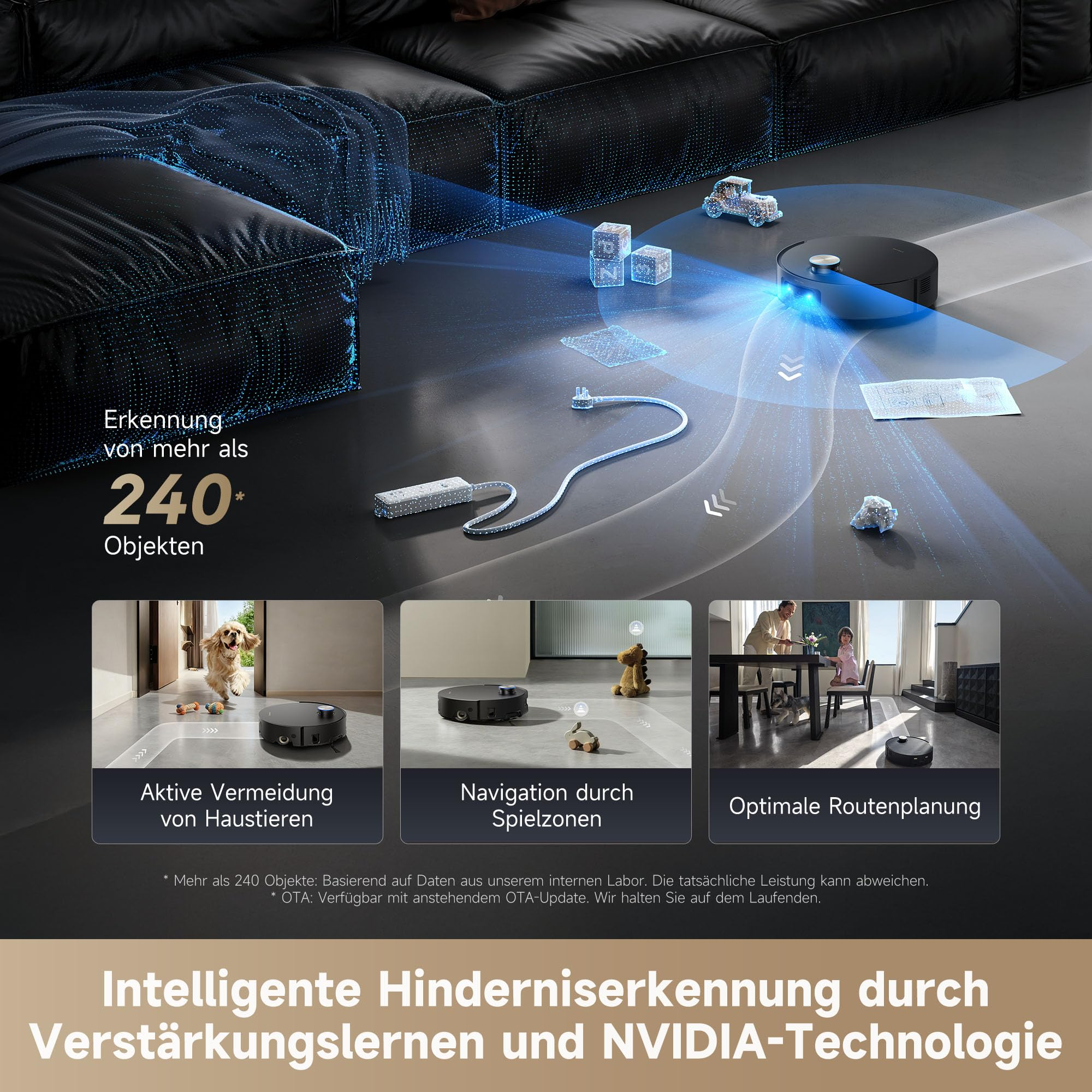 Ein Roboterstaubsauger erkennt Hindernisse und Haustiere am Boden.