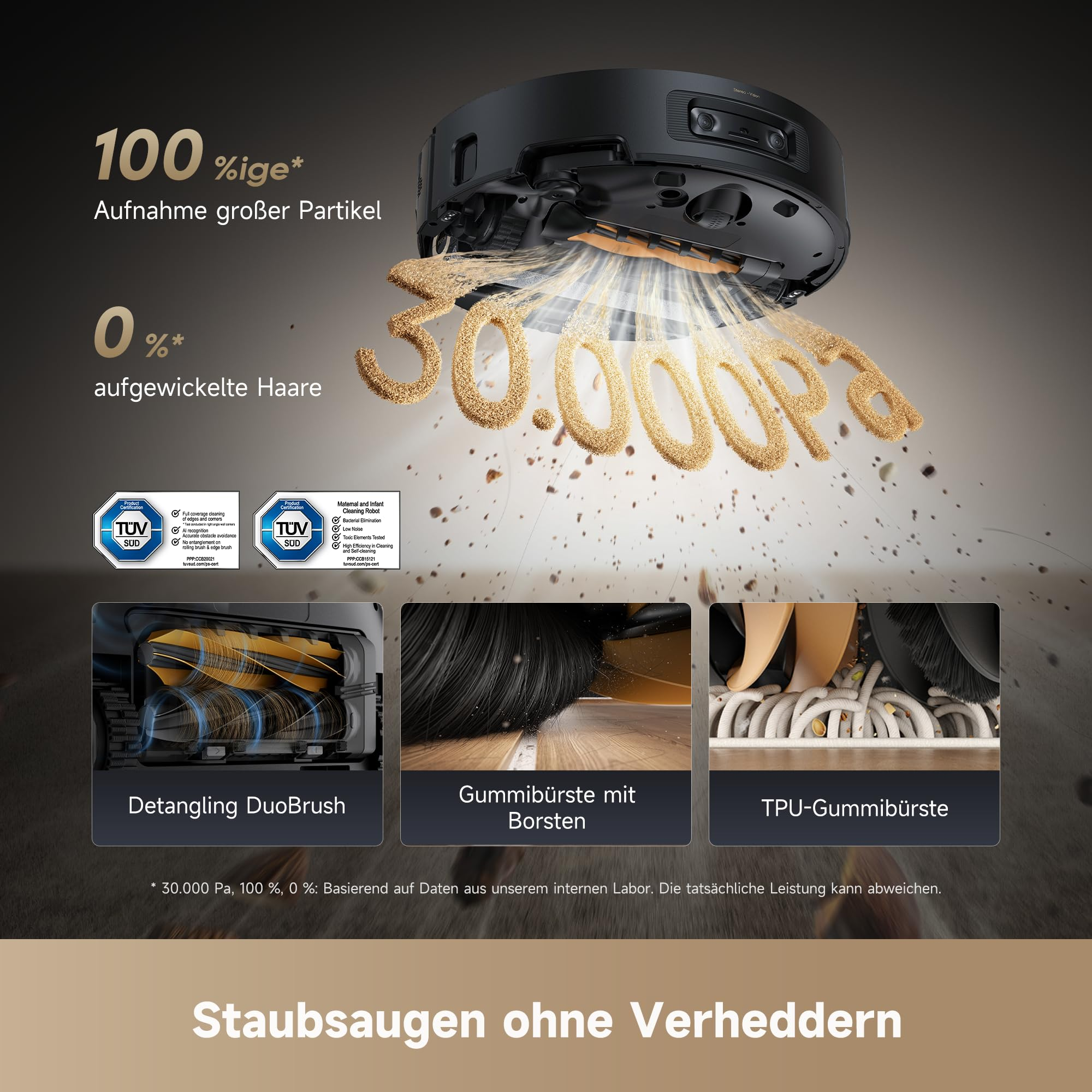 Saugroboter mit starker Saugkraft, der Schmutz aufsaugt und verschiedene Bürstentypen zeigt.