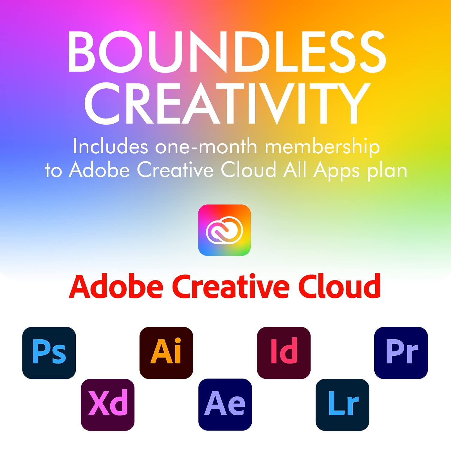 Colorato poster di Adobe Creative Cloud con icone di app come Photoshop e Illustrator su sfondo bianco.