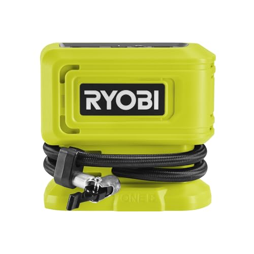 Ein hellgrüner Ryobi-Kompressor mit einem schwarzen Schlauch um die Basis, auf weißem Hintergrund.