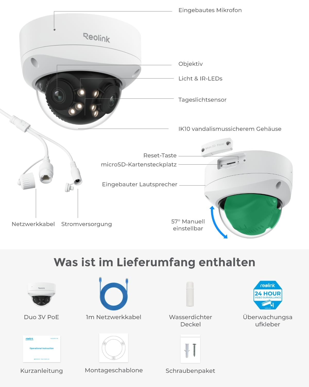 Schema di una telecamera di sicurezza Reolink PoE con parti etichettate e accessori.