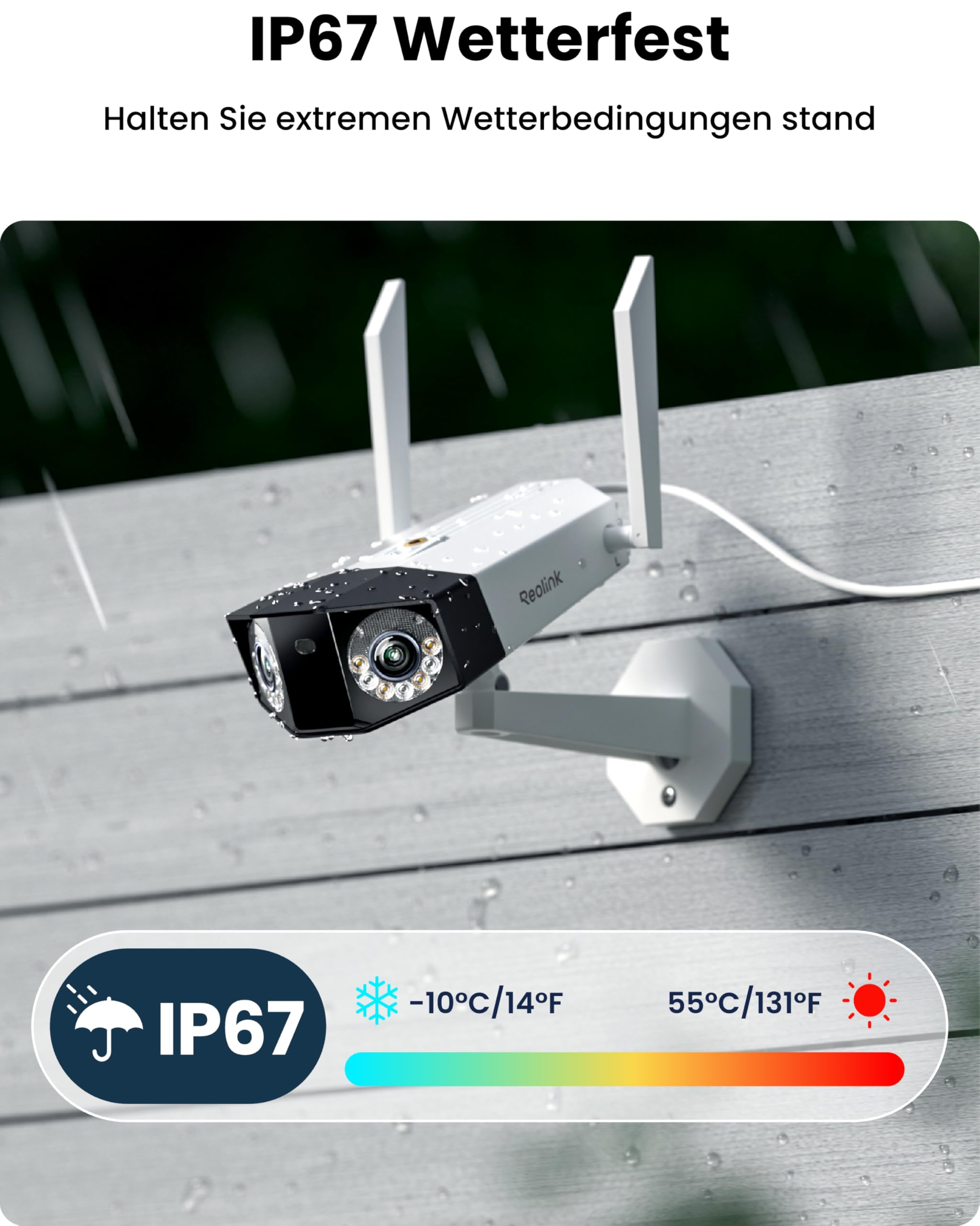 Telecamera di sicurezza bianca resistente alle intemperie sotto la pioggia.