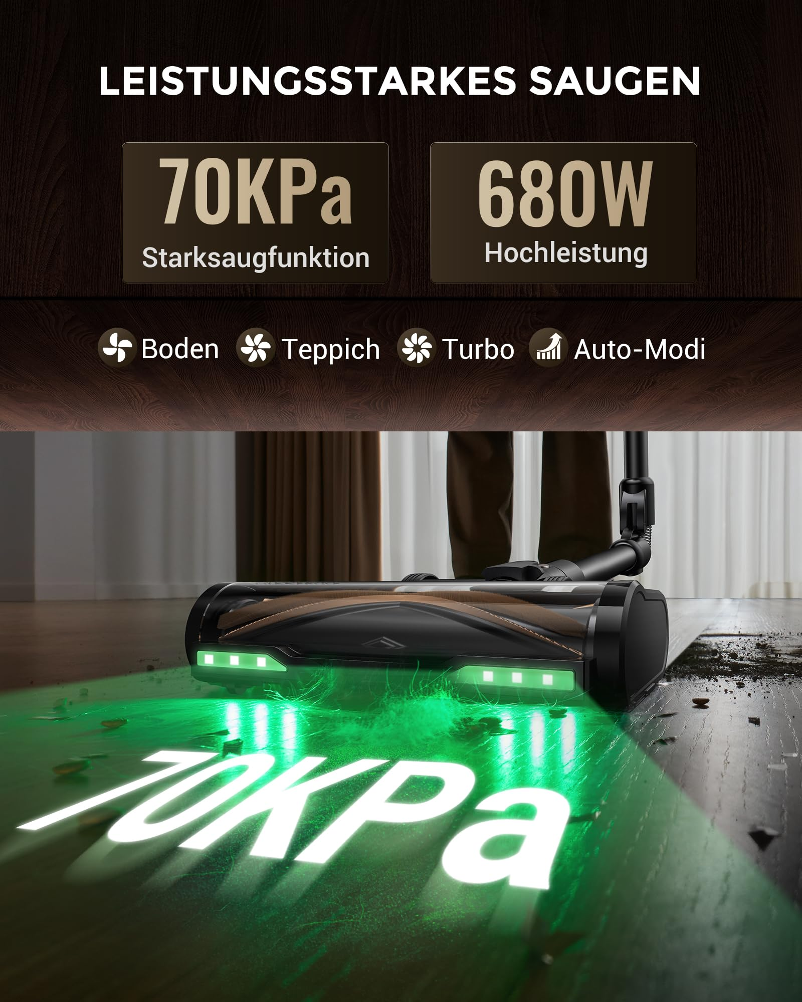 L'aspirapolvere illumina il pavimento con luce verde, mostrando 70KPa e 680W.
