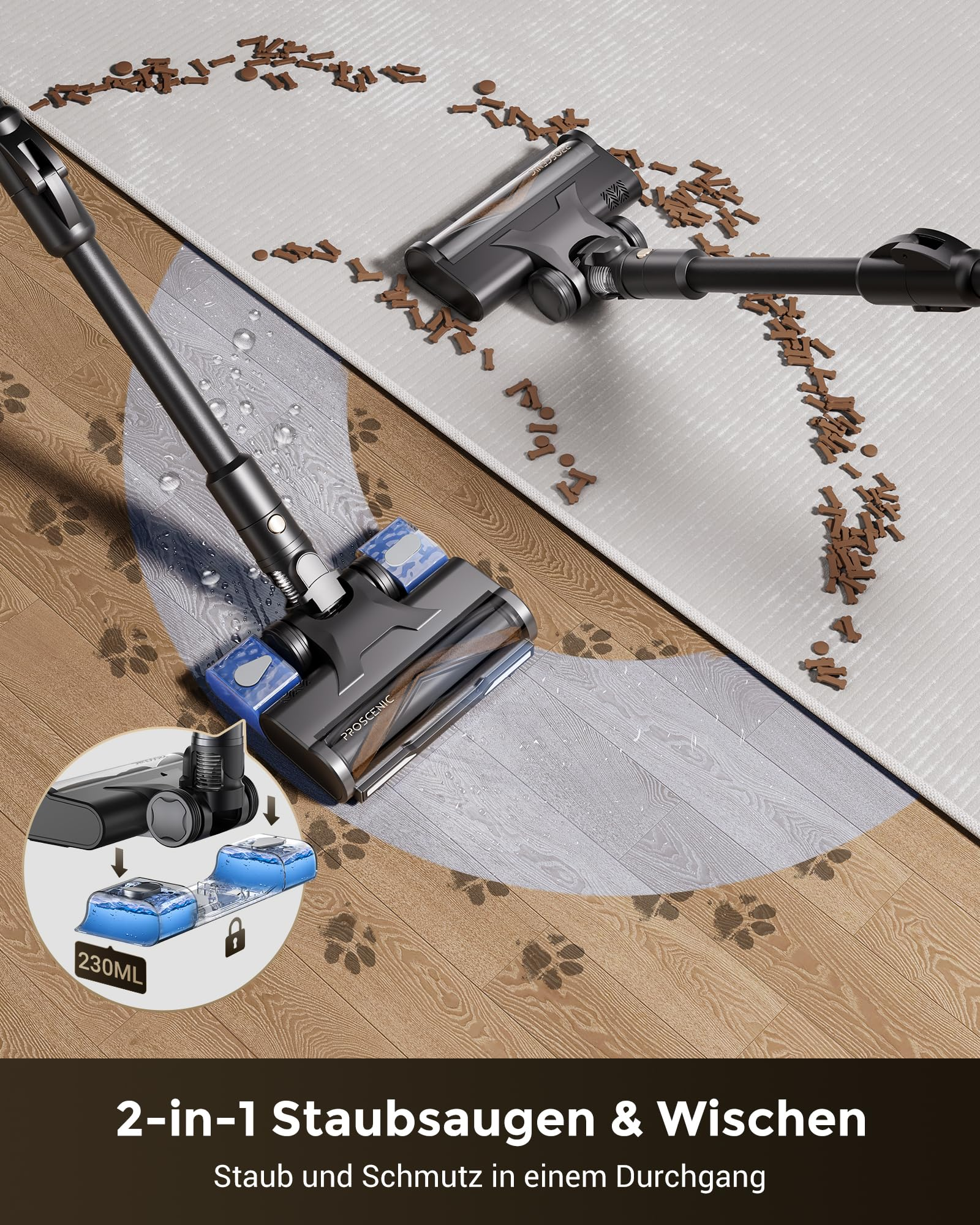 Un aspirapolvere pulisce pavimento in legno e tappeto con funzione lavapavimenti e sporco.