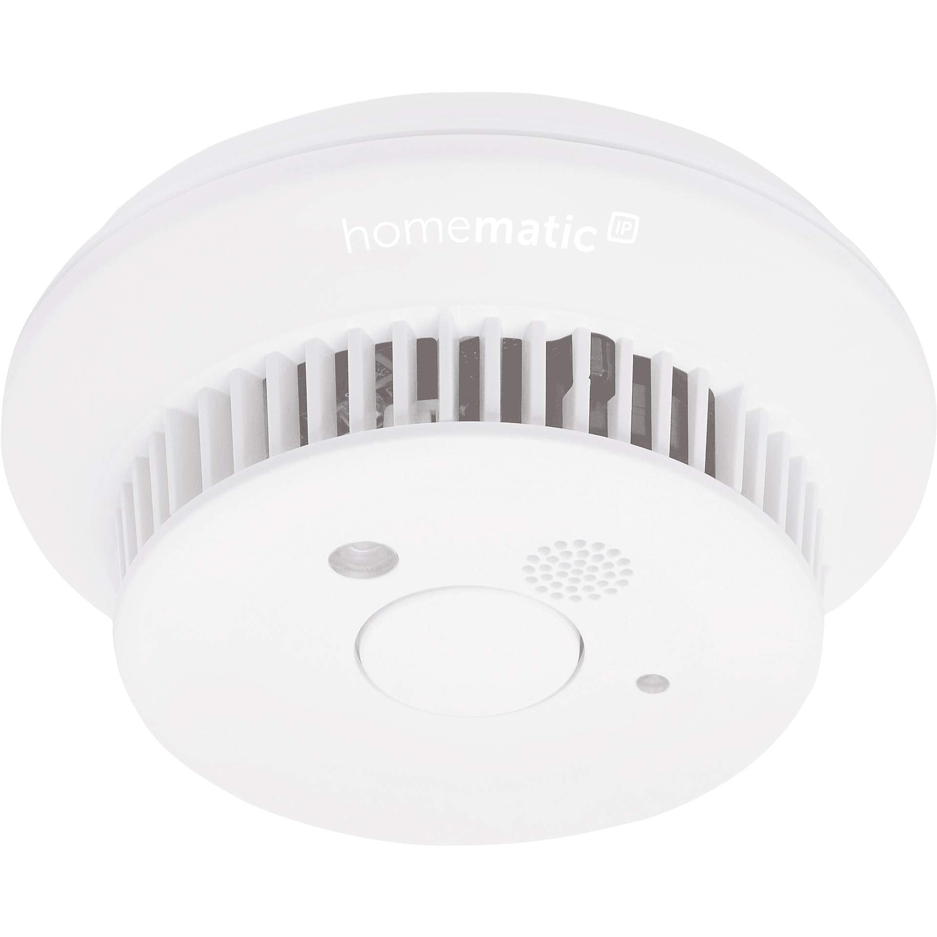 Détecteur de fumée blanc Homematic IP avec fentes d'aération, bouton de test et voyant LED sur fond blanc.