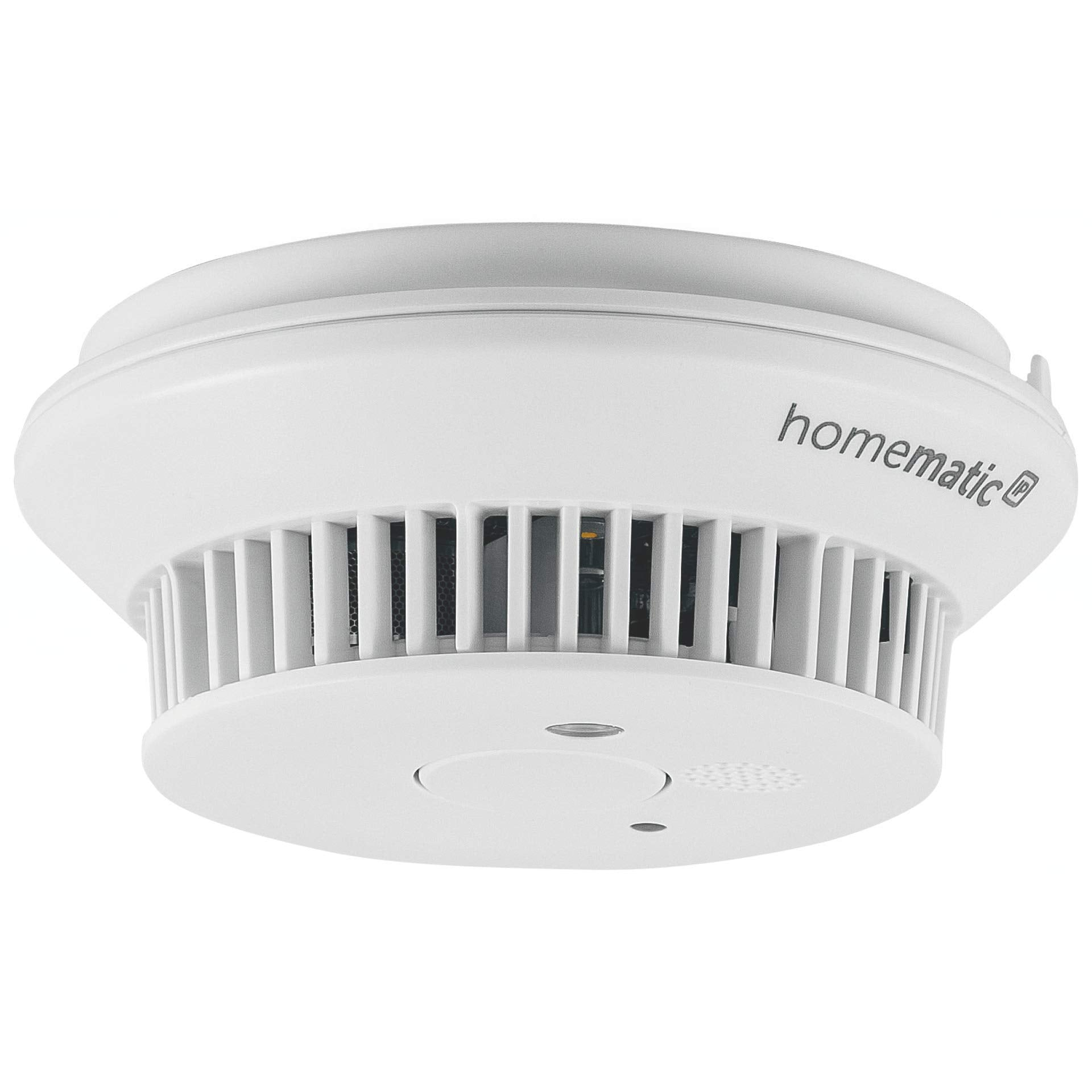 Détecteur de fumée blanc Homematic IP avec fentes sur fond blanc.