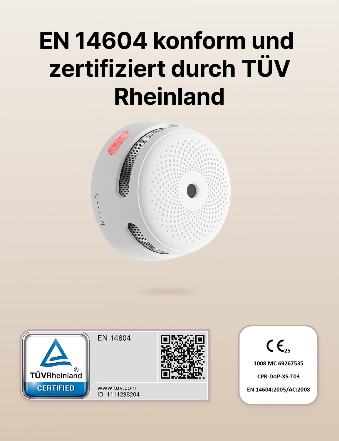 Un détecteur de fumée blanc avec certification TÜV et étiquettes.