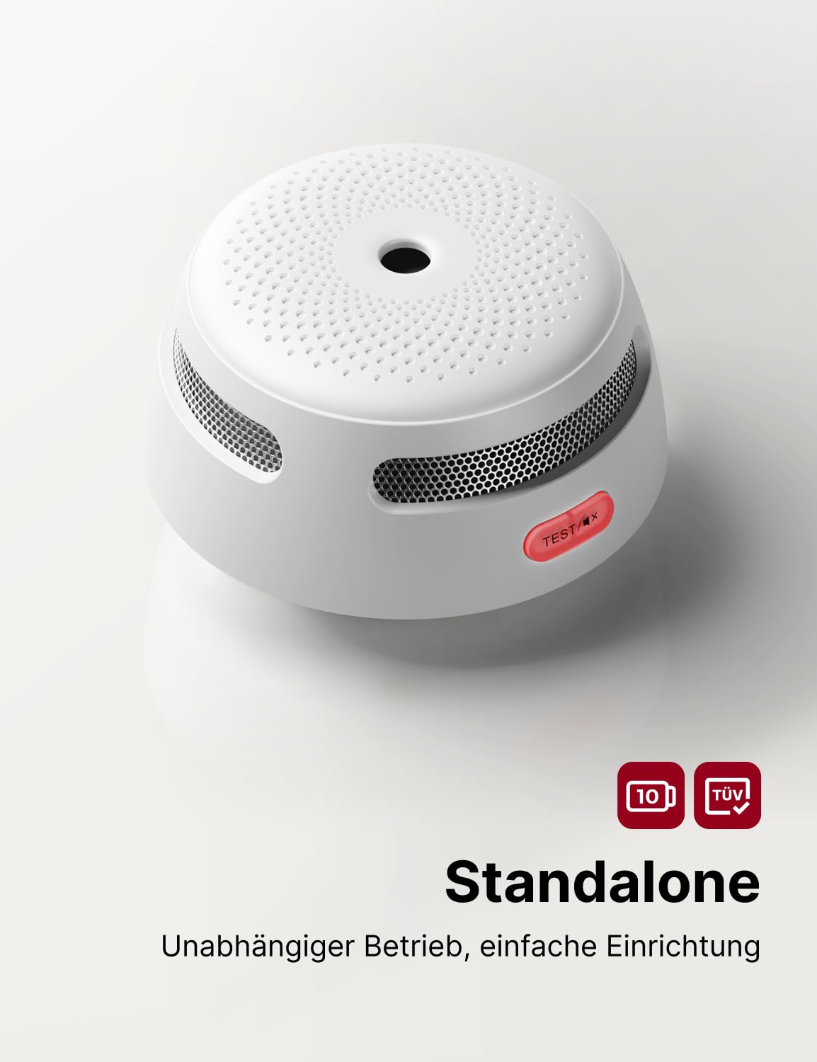 Détecteur de fumée blanc avec bouton test rouge et texte "Standalone".