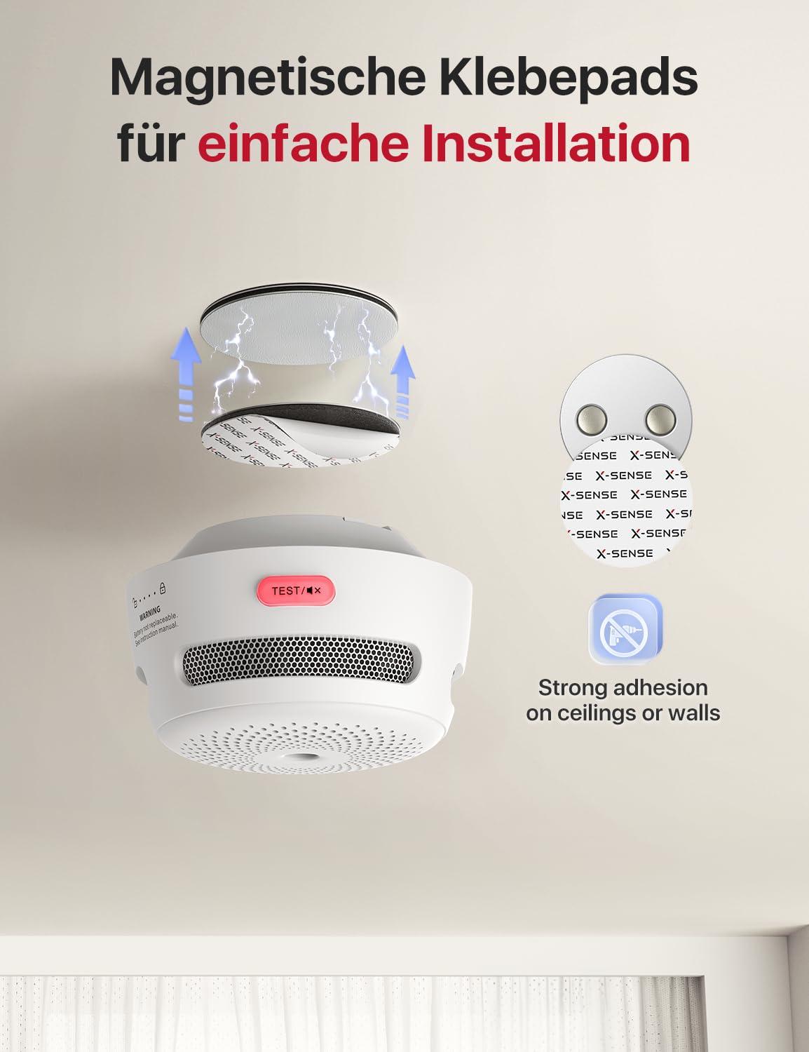 Schéma montrant l'installation d'un détecteur de fumée au plafond à l'aide de coussinets adhésifs.