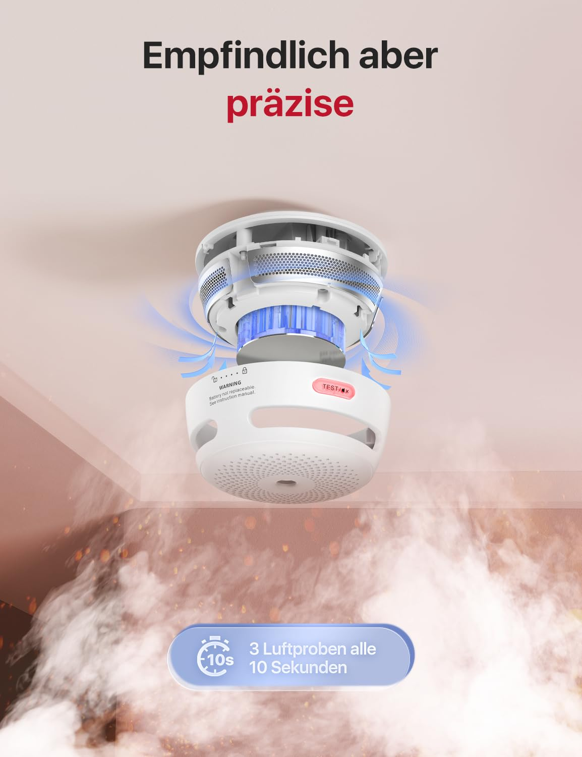 Un détecteur de fumée blanc au plafond, entouré de fumée, avec du texte allemand et des graphiques de flux d'air bleu.