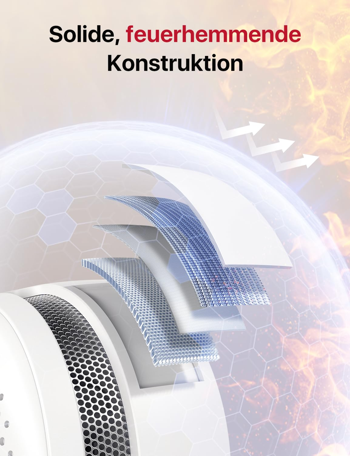 Illustration montrant une construction ignifuge d'un détecteur de fumée avec des couches de protection.