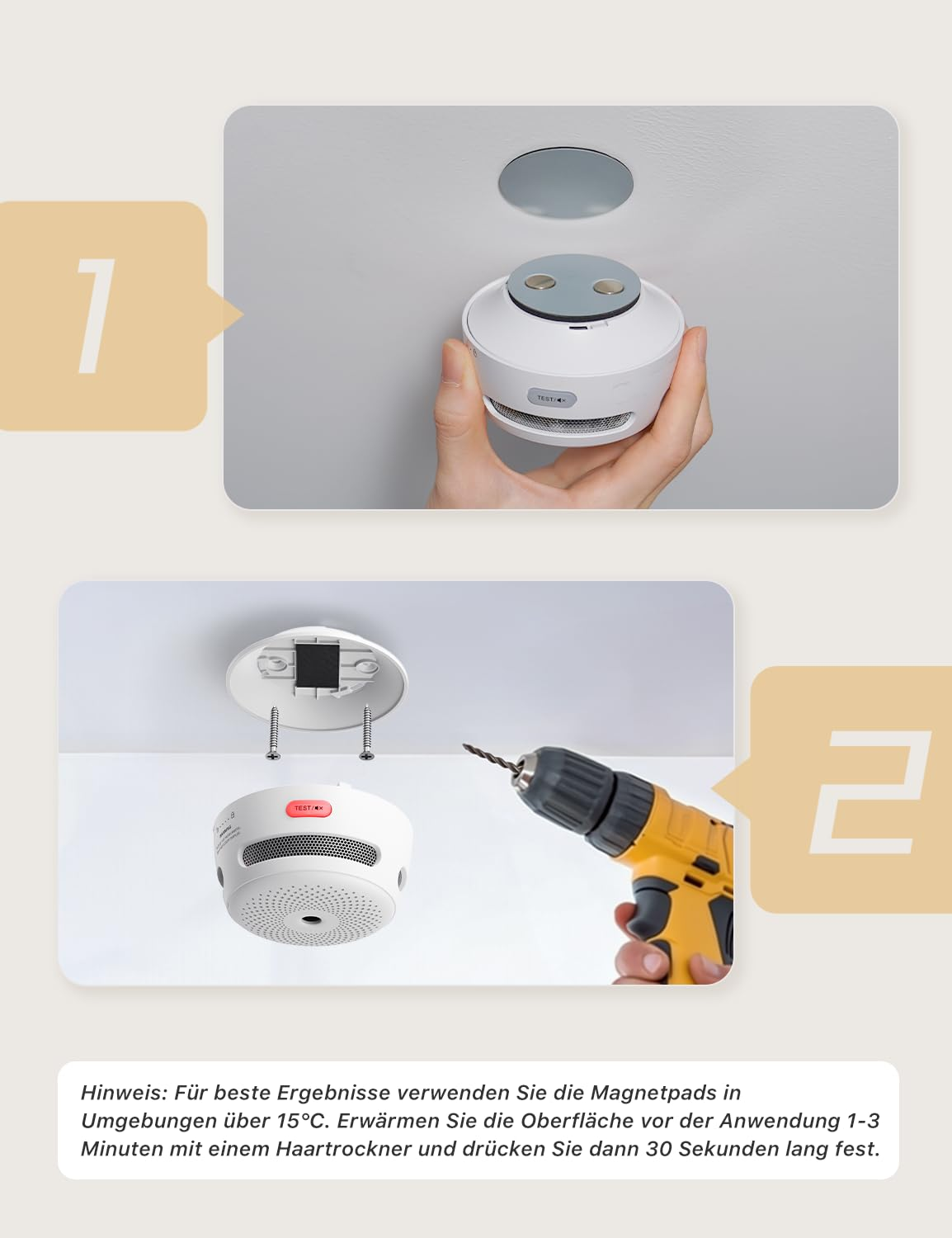 Mains installant un détecteur de fumée blanc au plafond avec des aimants et une perceuse.