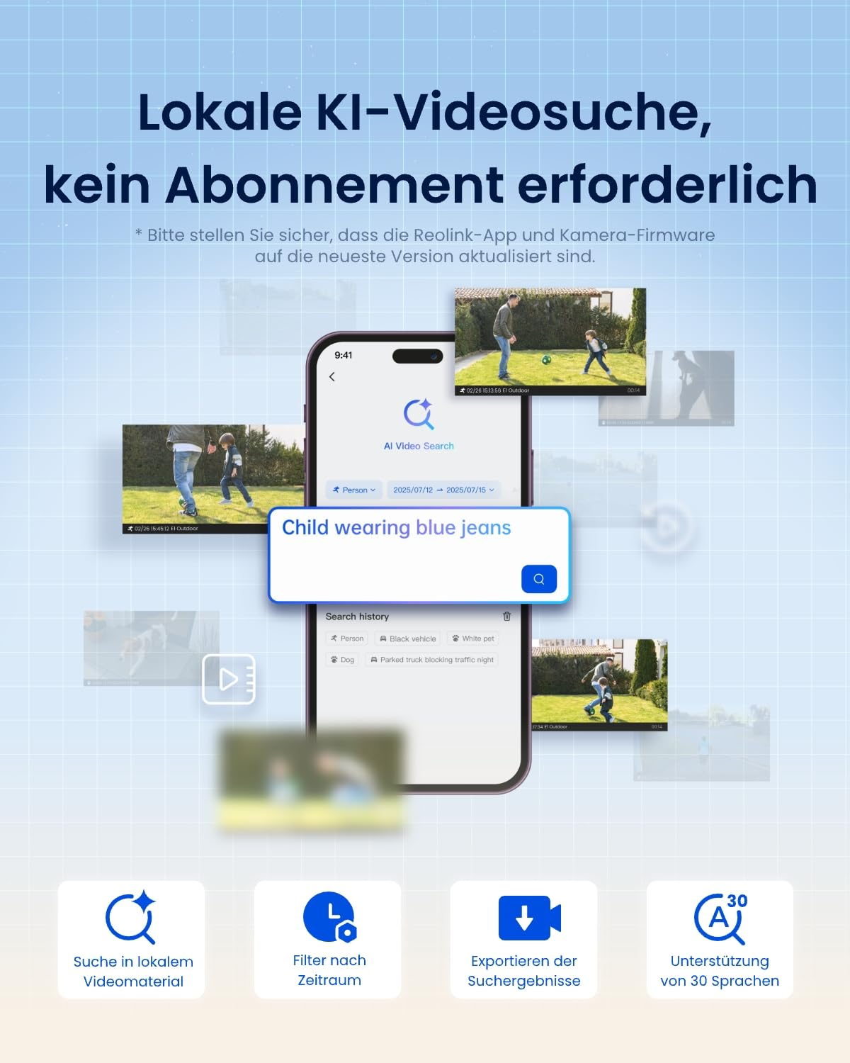 Uno smartphone mostra la ricerca video AI locale, circondato da miniature video e quattro icone in basso.