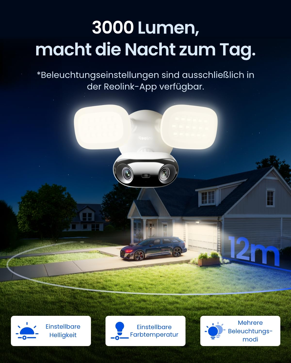 Una telecamera di sicurezza con due faretti illumina un vialetto buio e un'auto di notte.