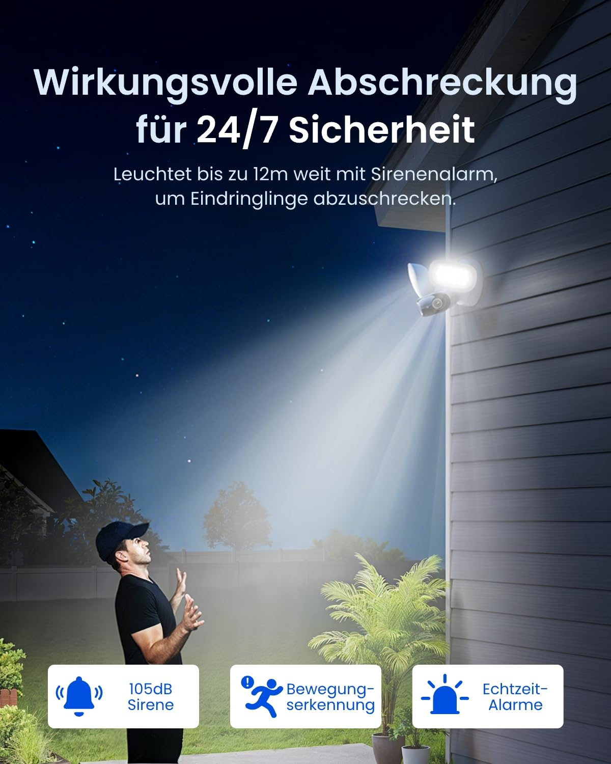 Una telecamera di sicurezza con faretto illumina un uomo fuori casa di notte.