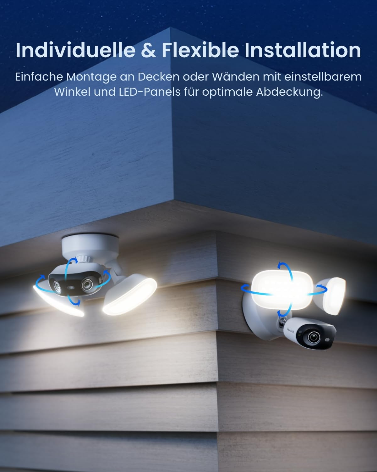 Due telecamere di sicurezza con faretti LED integrati sono montate su una parete e un soffitto.