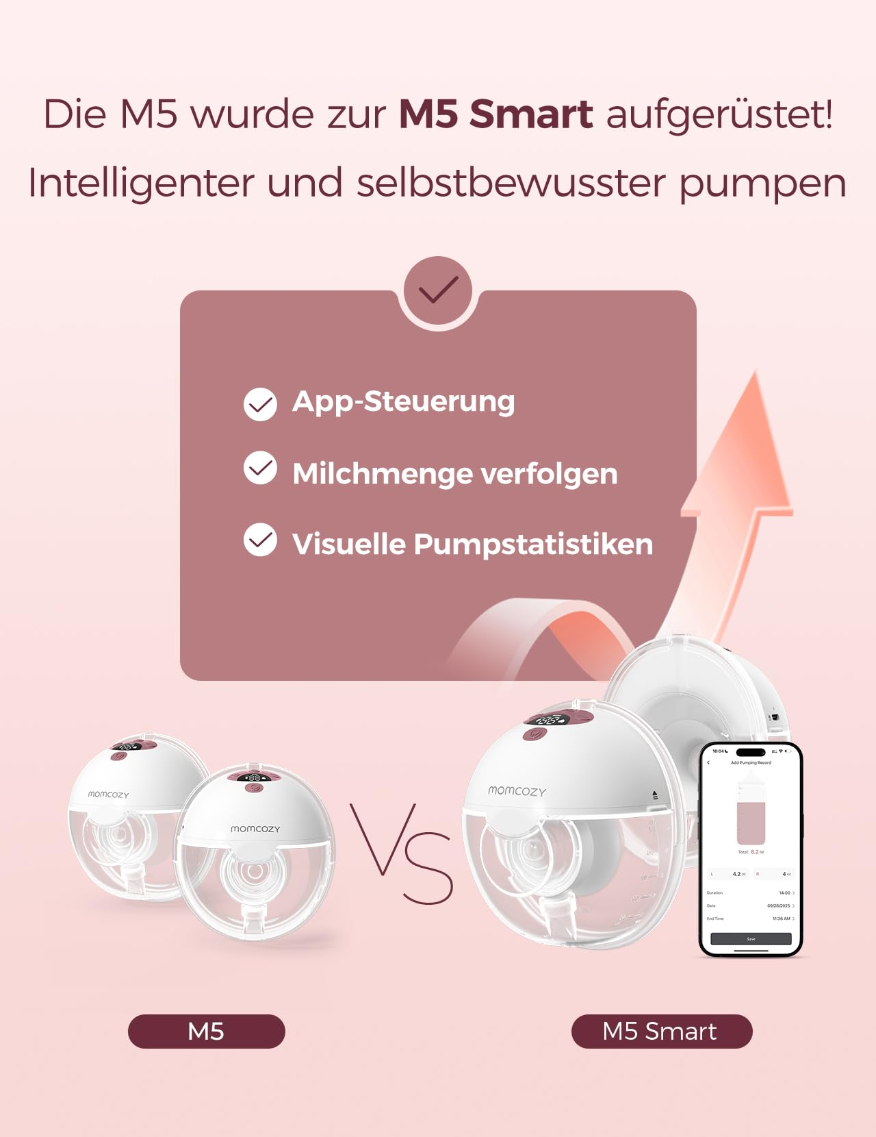 Confronto tra il tiralatte M5 e M5 Smart con controllo app su sfondo rosa.