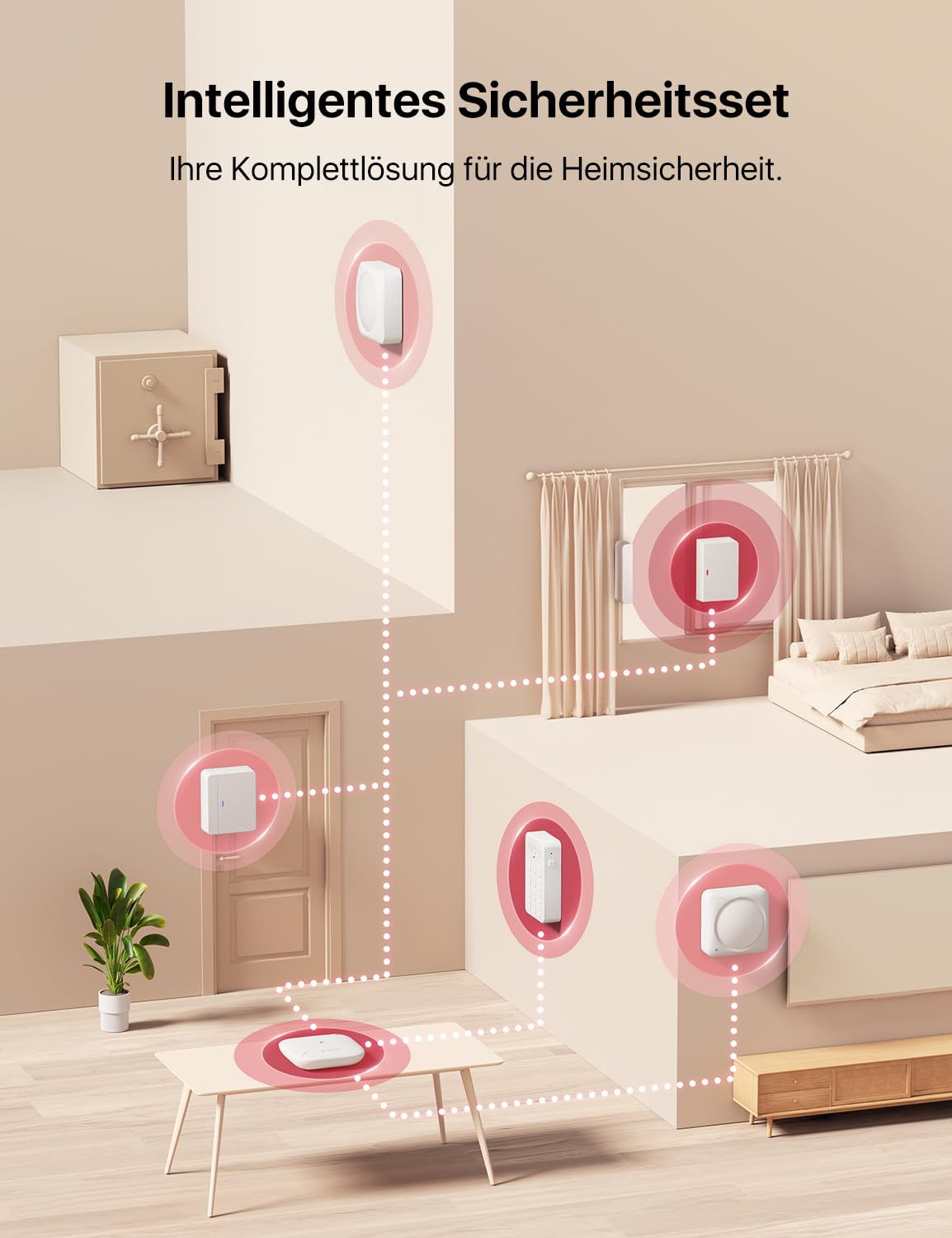 Ein intelligentes Sicherheitsset mit verbundenen Sensoren und Geräten in einem modernen Raum.