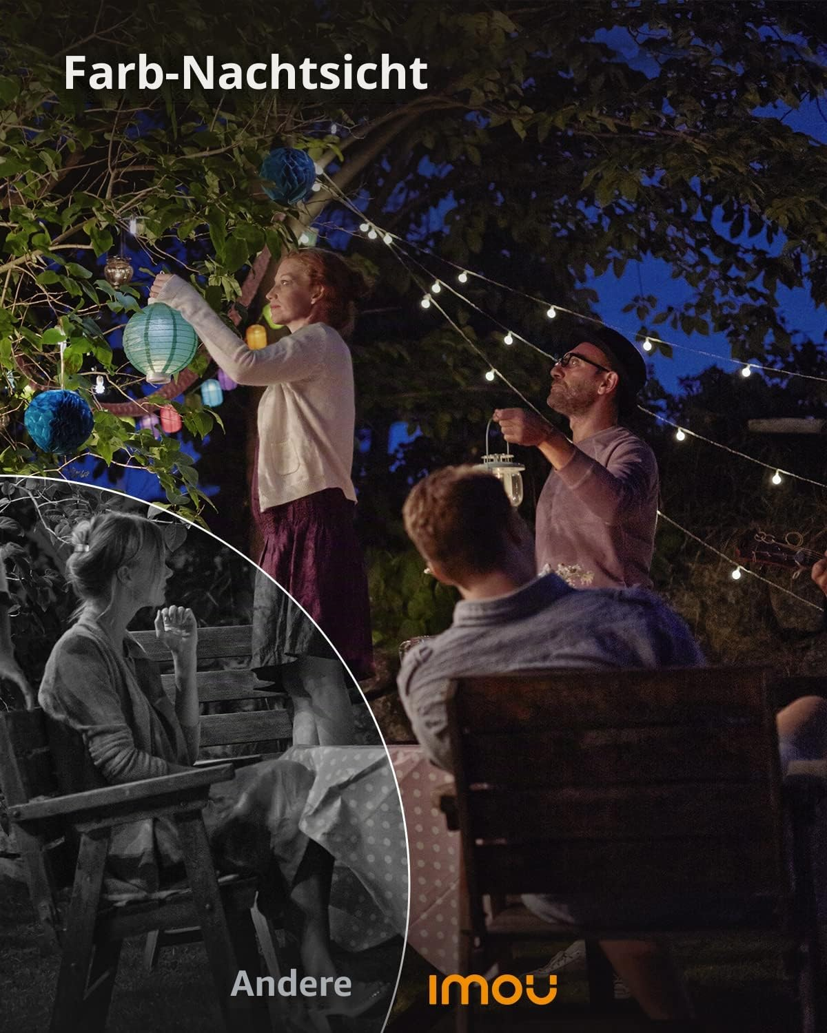 Persone che decorano un giardino con luci e lanterne di notte, visione notturna a colori e vista normale.