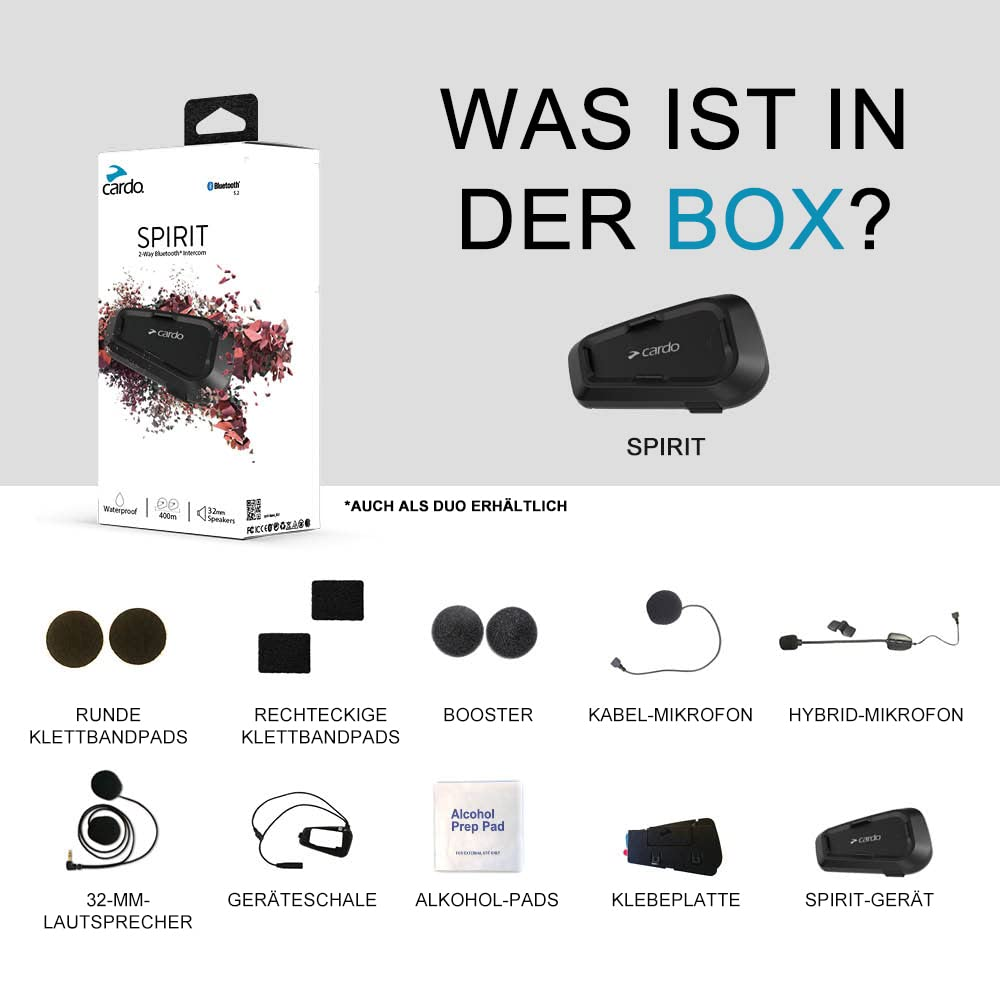 Cardo Spirit Boxinhalt: Gerät, Mikrofon, Lautsprecher, Klettpads und Zubehör auf weißem Hintergrund.