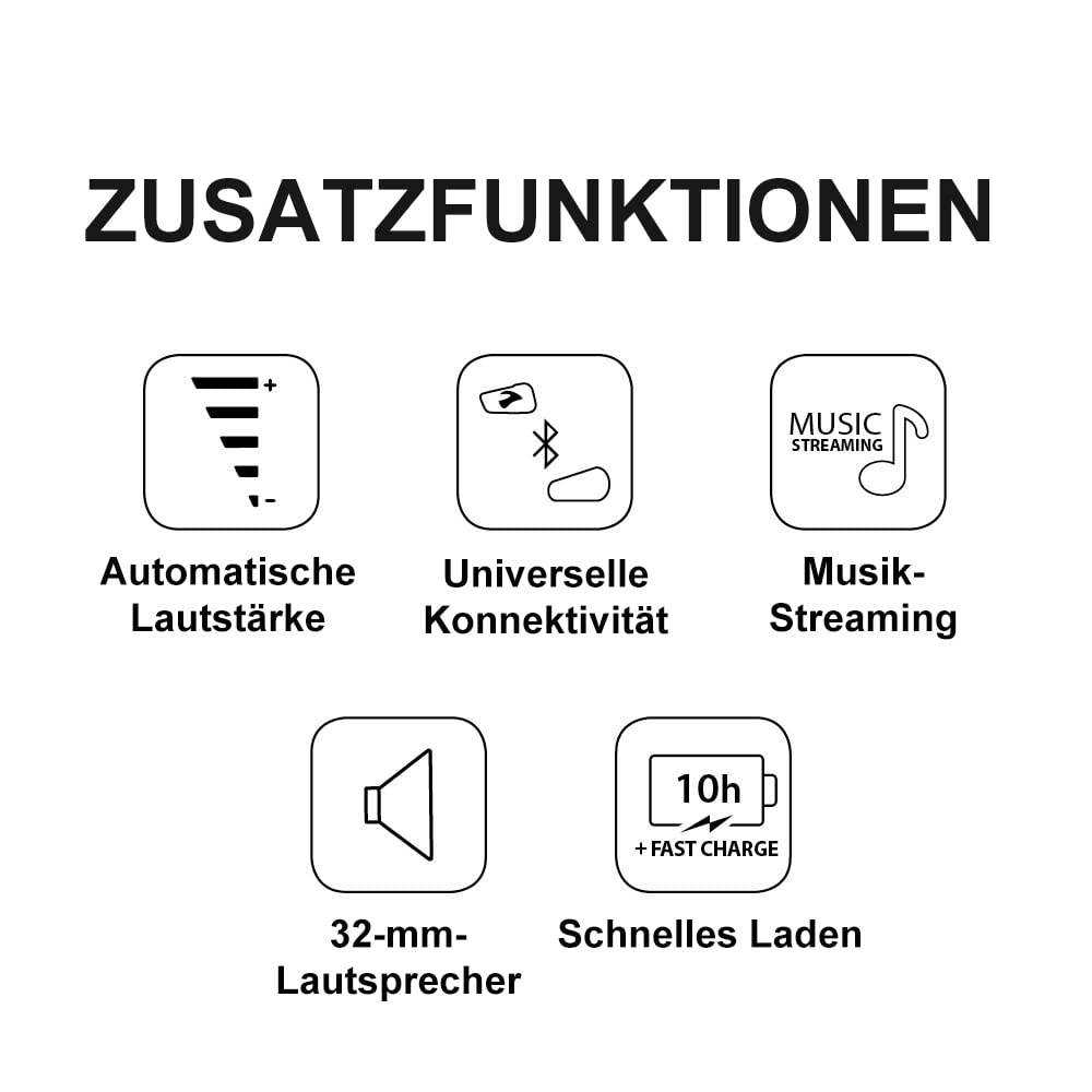 Übersicht von Zusatzfunktionen wie Automatische Lautstärke, Universelle Konnektivität, Musik-Streaming, Lautsprecher und Schnelles Laden.