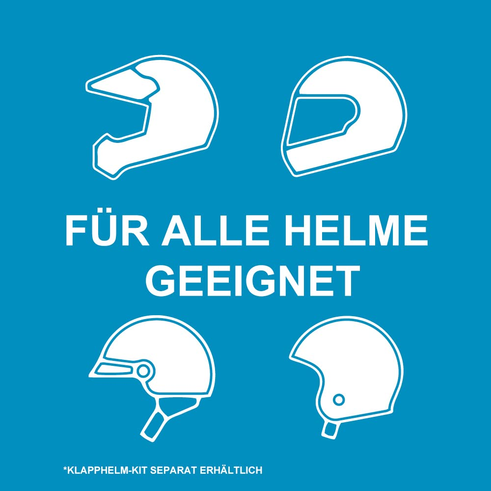 Blaue Grafik mit vier weißen Helm-Umrissen und dem Text FÜR ALLE HELME GEEIGNET.