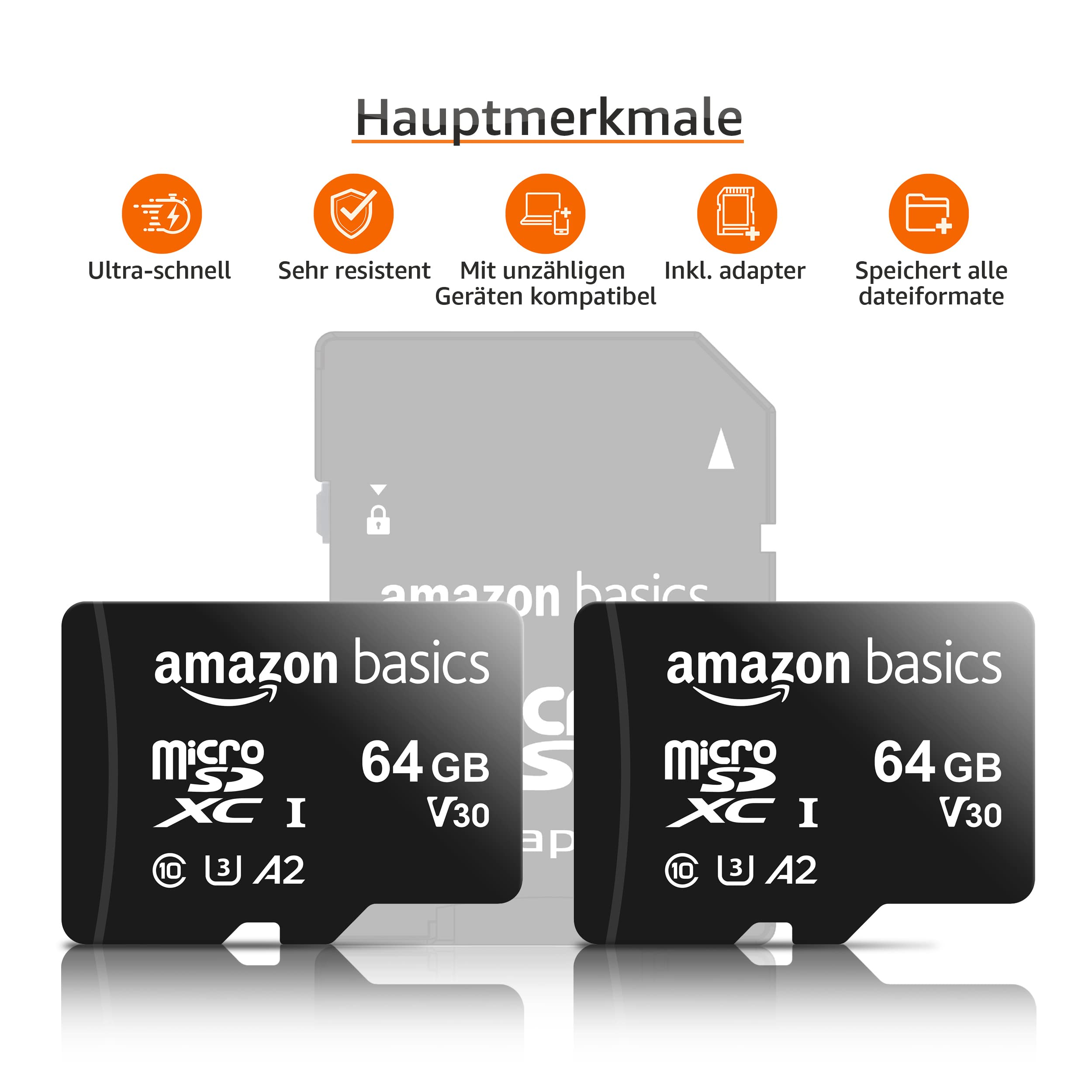 Deux cartes MicroSD Amazon Basics 64 Go avec des icônes de fonctionnalités comme ultra-rapide et adaptateur inclus.