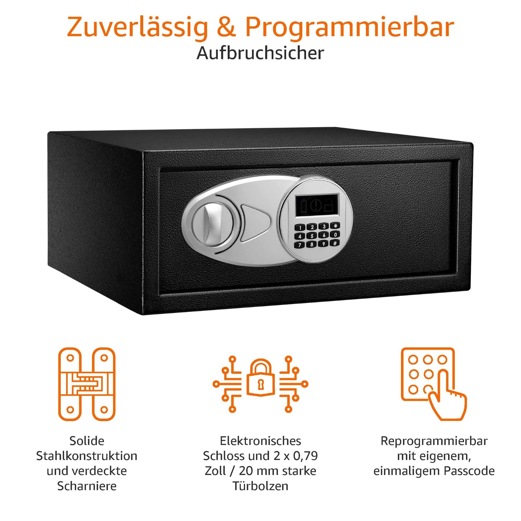 Ein schwarzer Digitalsafe mit elektronischem Tastenfeld und Drehknopf sowie drei orangen Icons unten.