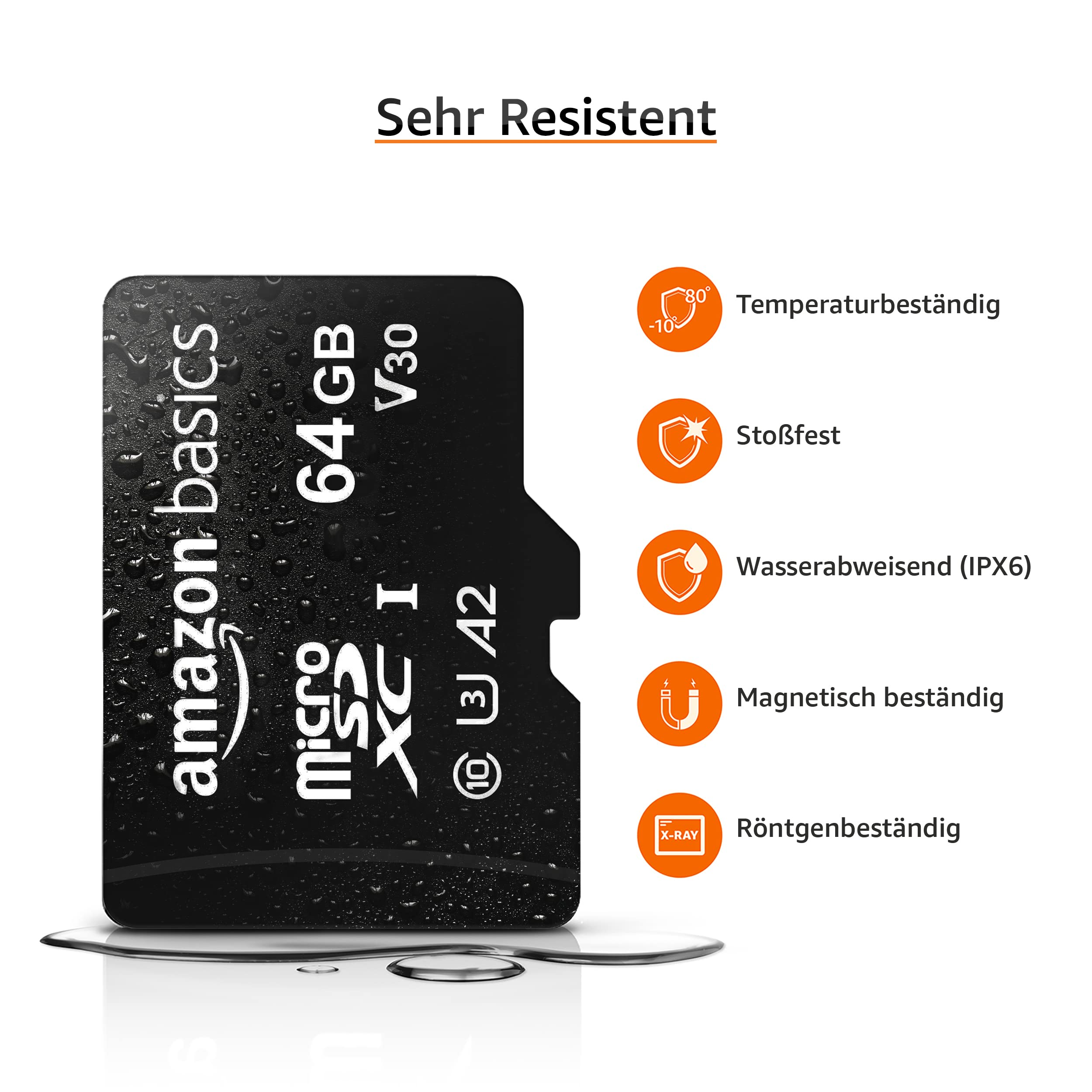 Une carte mémoire microSDXC Amazon Basics 64 Go mouillée avec des icônes montrant la résistance.