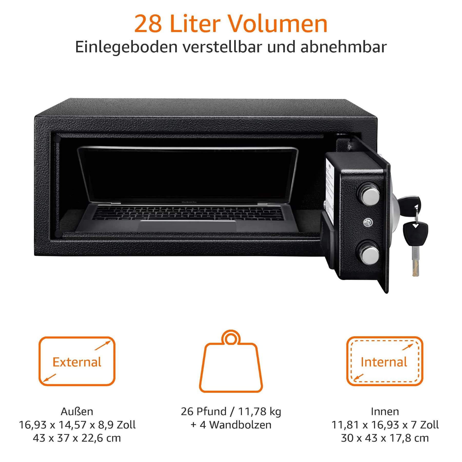 Offener schwarzer Safe mit einem Laptop im Inneren, mit Produkttexten und Maßangaben in deutscher Sprache.