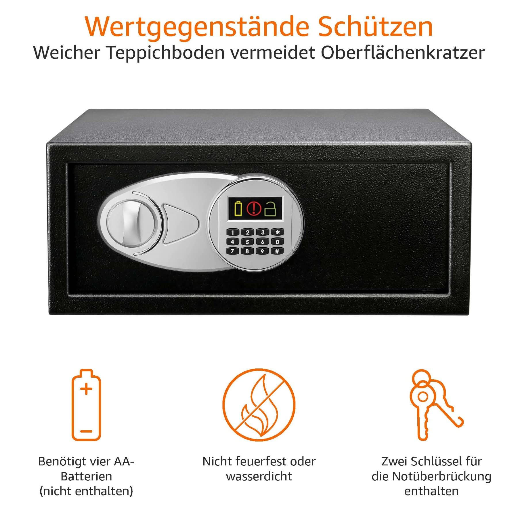 Schwarzer Möbeltresor mit elektronischem Zahlenschloss und Drehknauf, inklusive Hinweissymbolen unten.