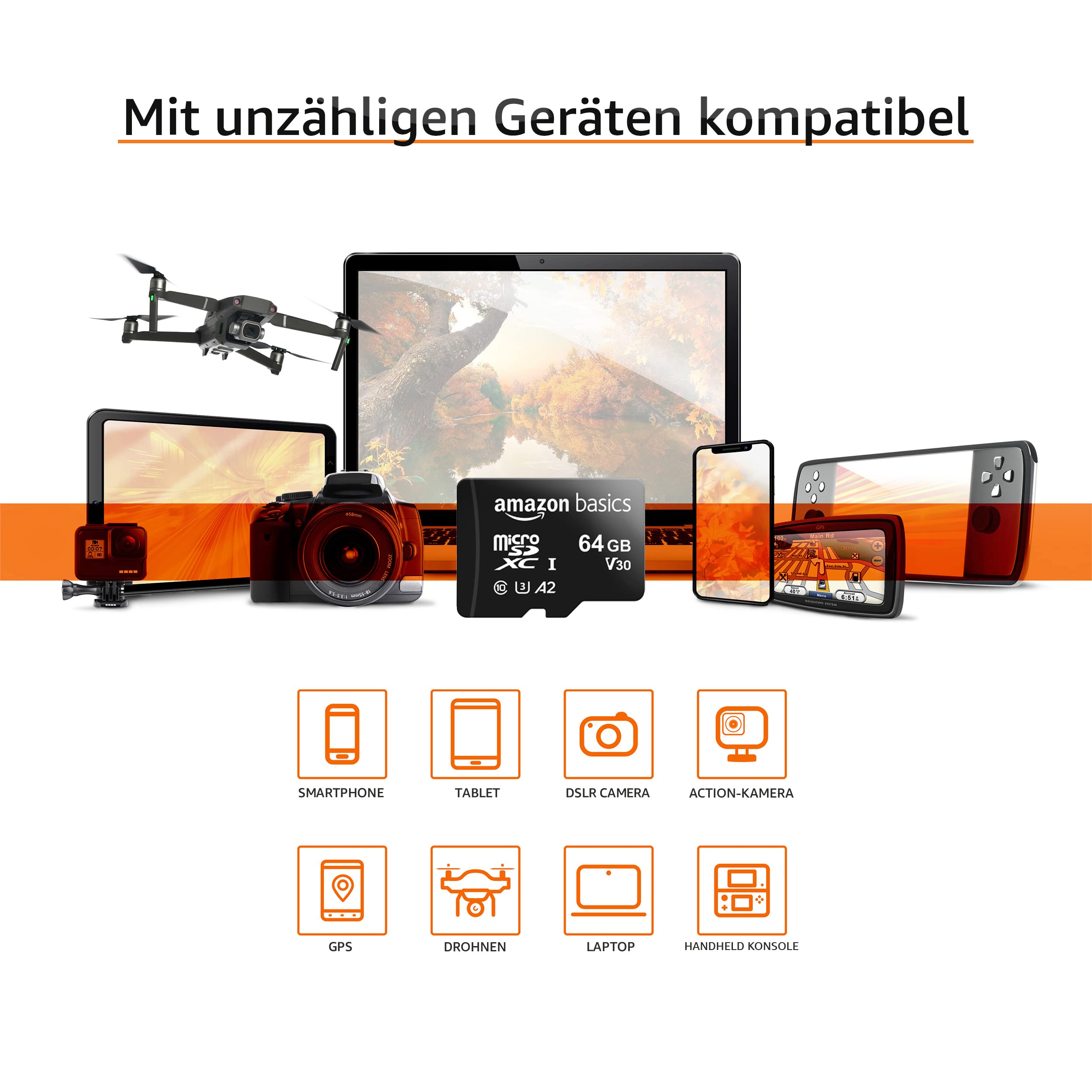 Une carte MicroSD de 64 Go avec divers appareils compatibles comme un ordinateur portable, un drone et un appareil photo.